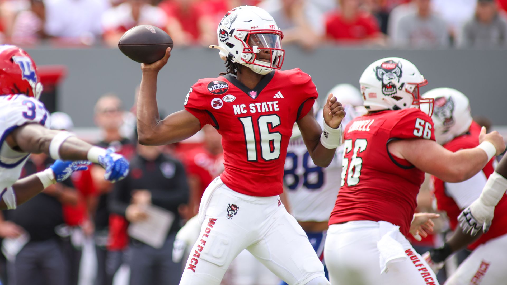 RALEIGH, NC - SEPTEMBER 14: North Carolina State Wolfpack quarterback CJ Bailey (16) throws the ball during the college football game between the North Carolina State Wolfpack and the Louisiana Tech Bulldogs on September 14, 2024 at Carter-Finley Stadium in Raleigh, NC. (Photo by Nicholas Faulkner/I