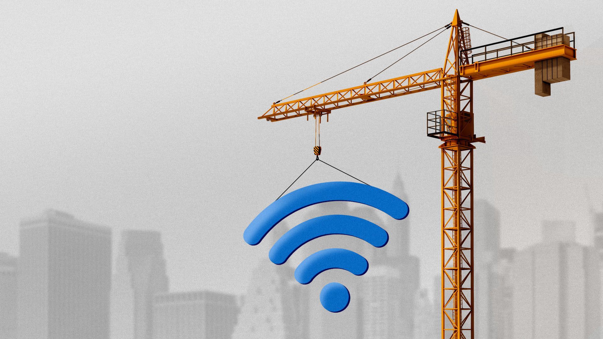 Illustration of a construction crane holding a giant wifi signal with a cityscape in the background