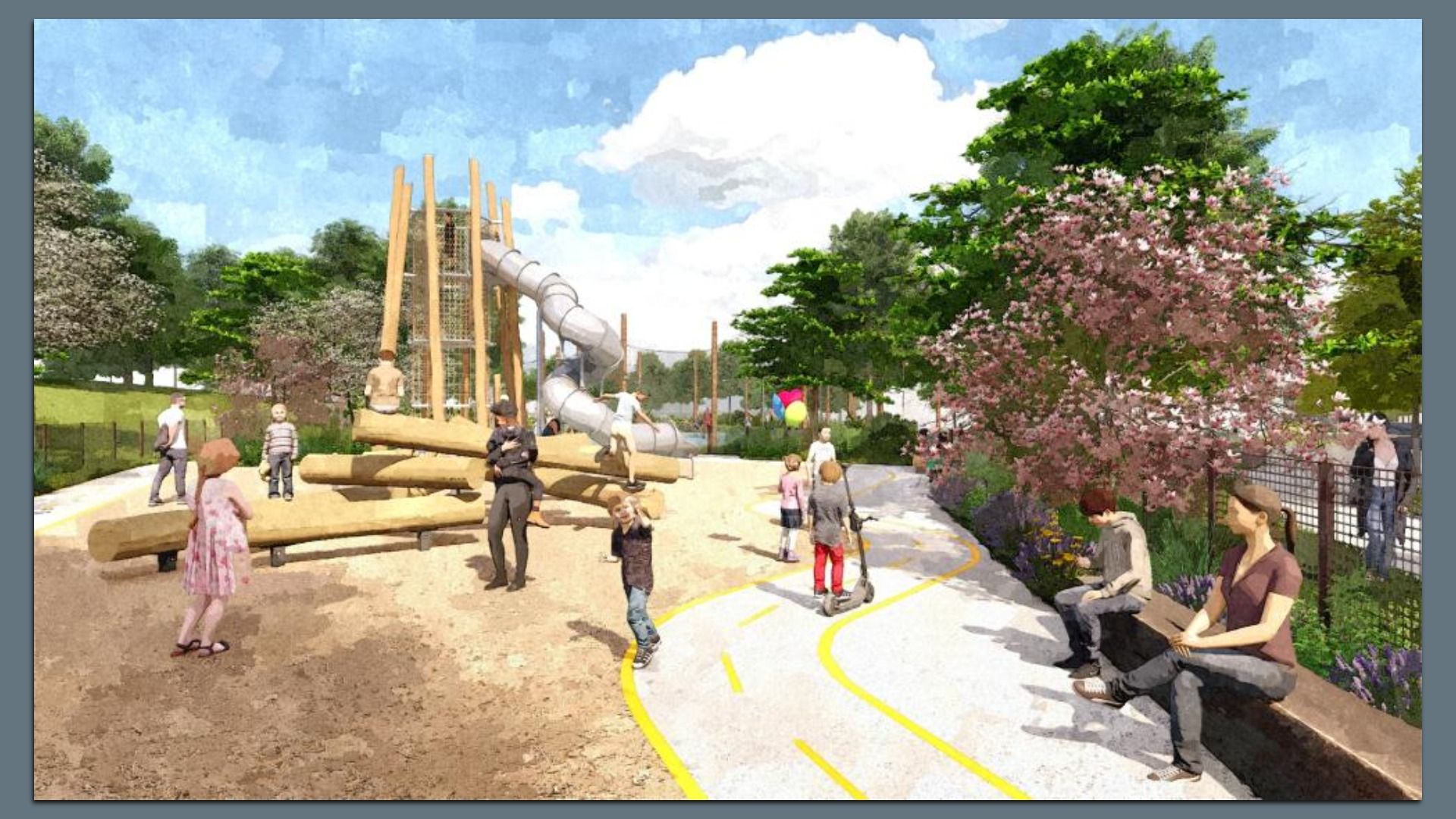 Sunny park with a wooden climbing frame and a spiraling tube slide. Children play on large logs and along a paved path beneath green trees and blooming pink blossoms, beside a fence.
