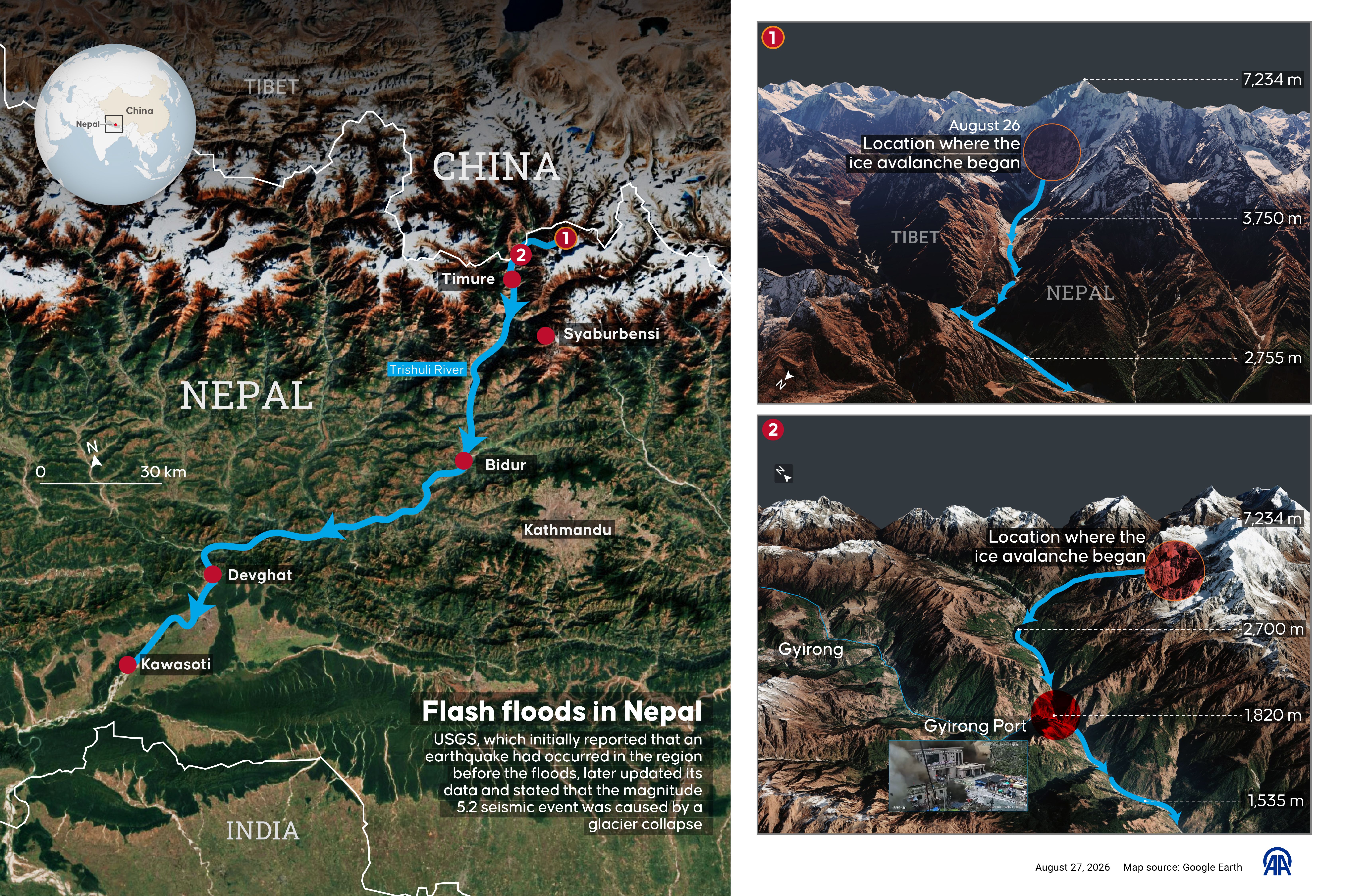 A graphic maps the glacier collapse and flash flooding that struck Nepal.