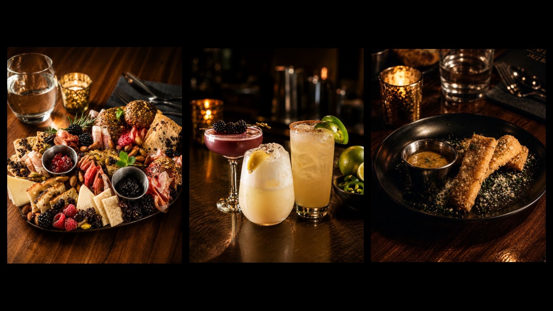 Triptych of a candlelit wooden table: left charcuterie board with cheese, meats, berries; center two cocktails; right plate of fried bites with dipping sauce.