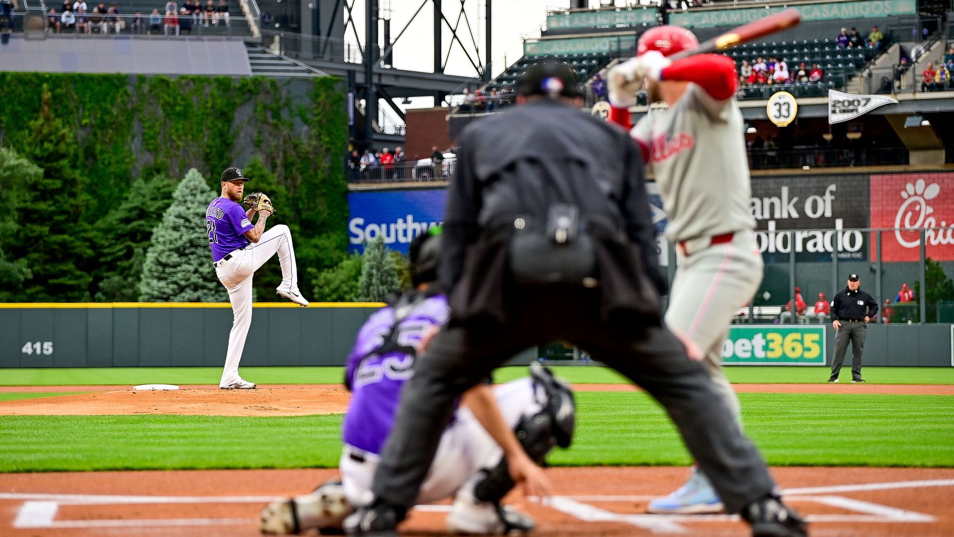 Colorado Rockies pitcher Kyle Freeland delivers a pitch to Philadelphia Phillies first baseman Bryce Harper during a game at Coors Field on May 19. Photo: Dustin Bradford/Icon Sportswire via Getty Images