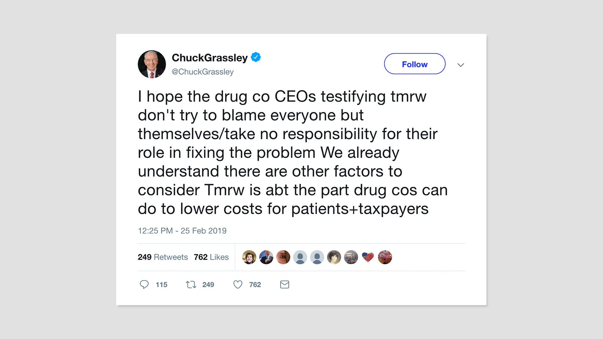 Screenshot of a Grassley tweet urging drug companies not to blame others for high drug prices