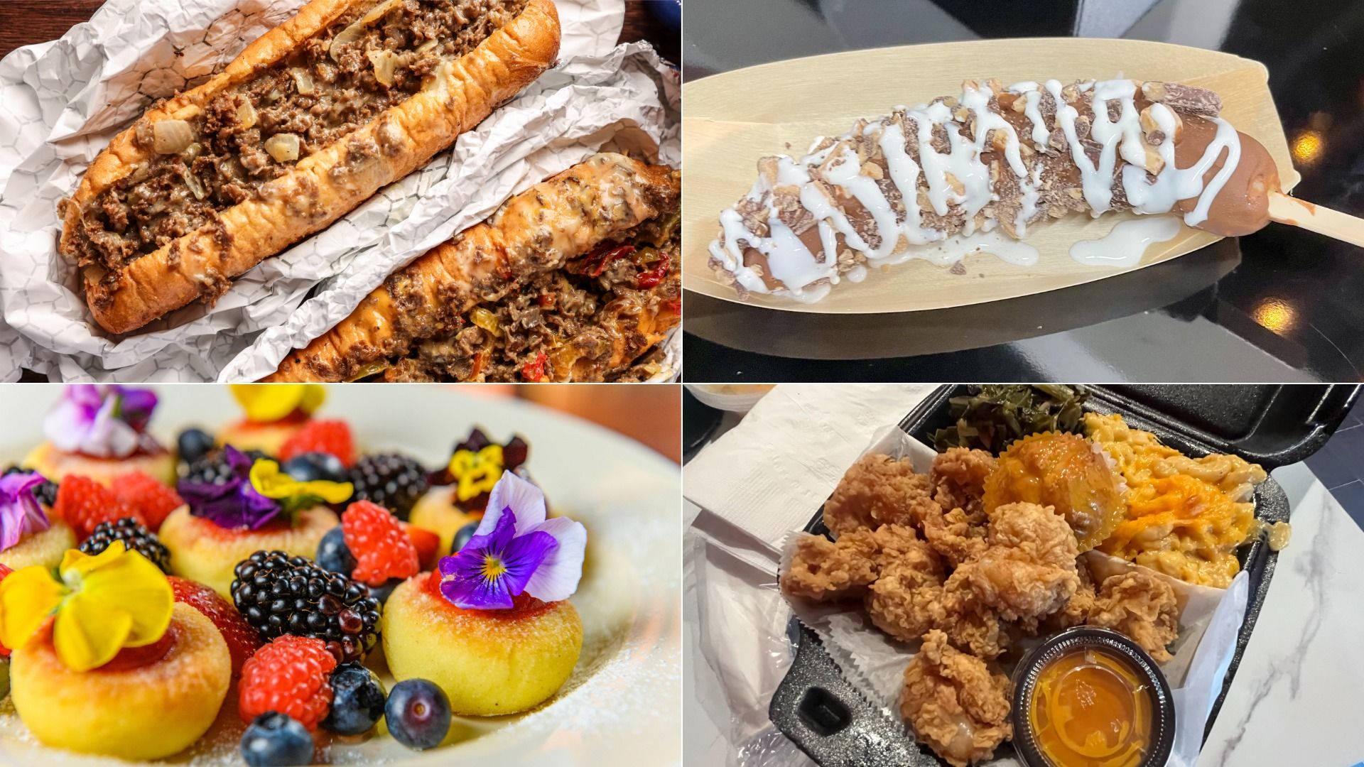 Four-food collage: foil-wrapped beef sandwiches; chocolate banana on a stick with white drizzle; berry-topped mini doughnuts with edible flowers; fried chicken with sauces in a takeout tray.