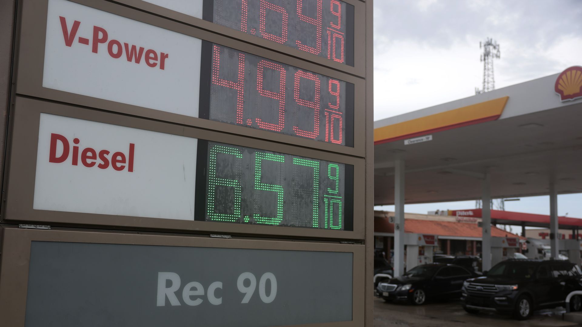 Gas-station price board featuring "V-Power" and "Diesel" labels in red text, red LED prices, Shell logo on the canopy, and several cars at pumps in the background.