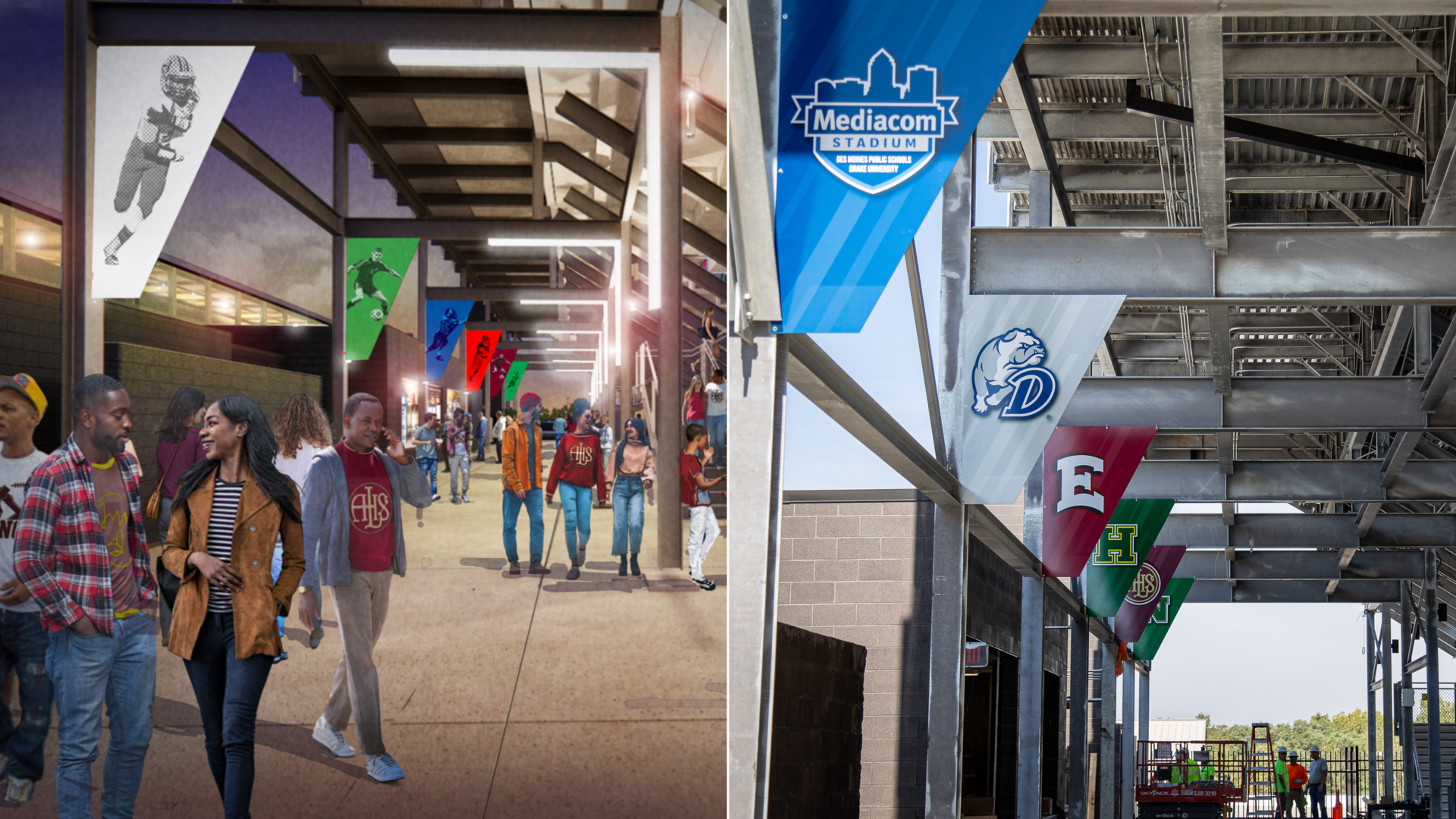 Penant flags in a rendering and in reality