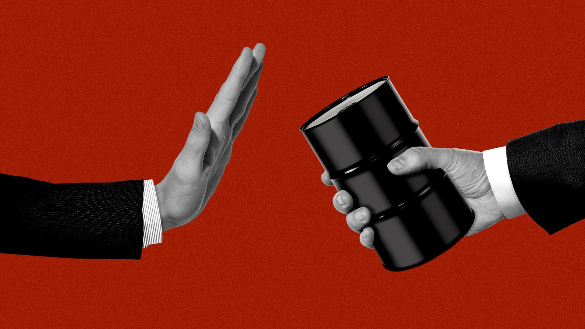 Illustration of hand stopping another hand holding an oil barrel.