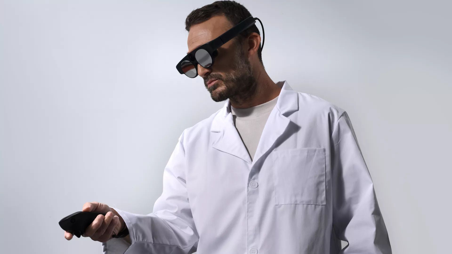 A man wearing an augmented reality headset