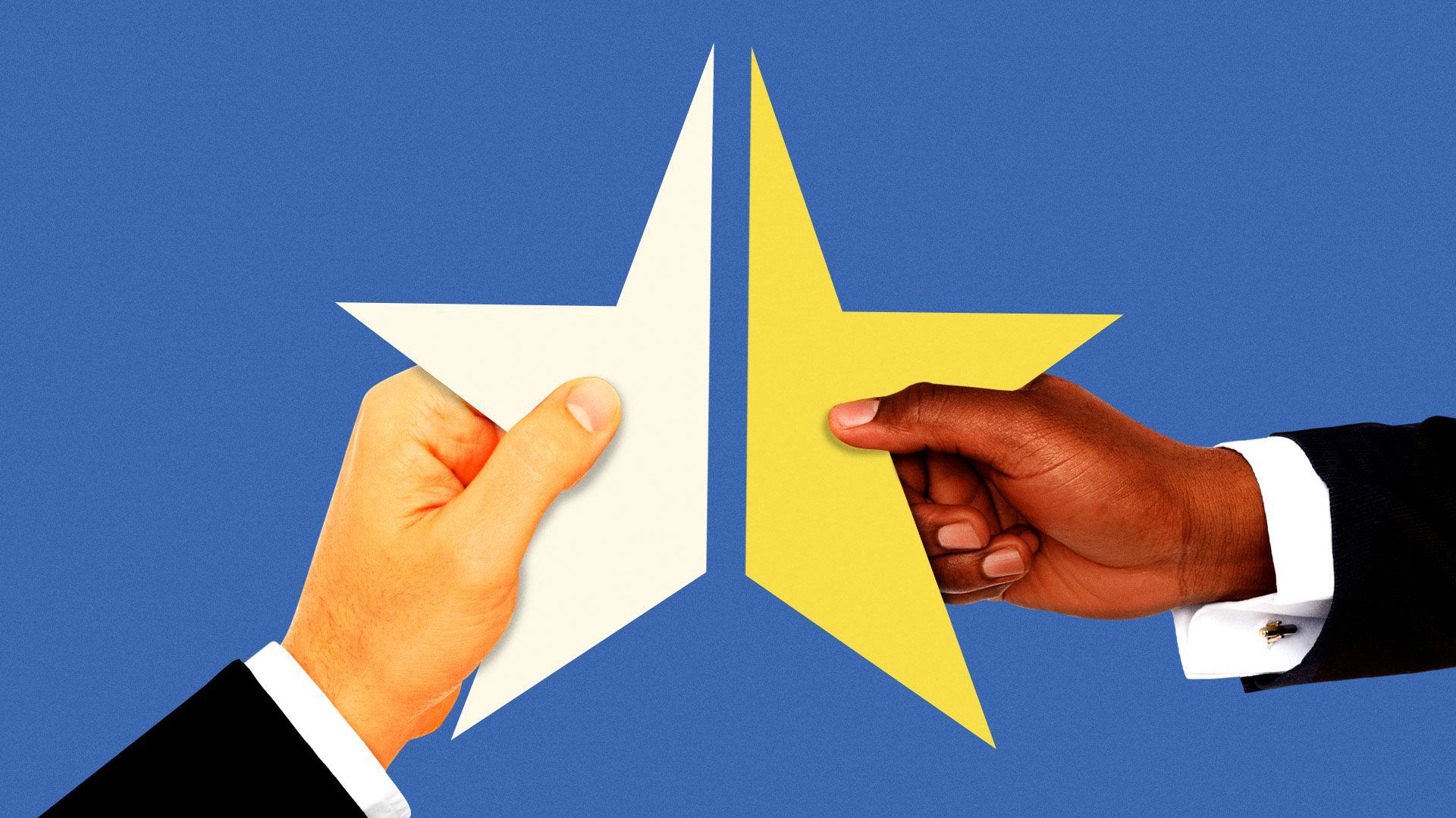 Illustration of two different hands joining together a white and yellow star
