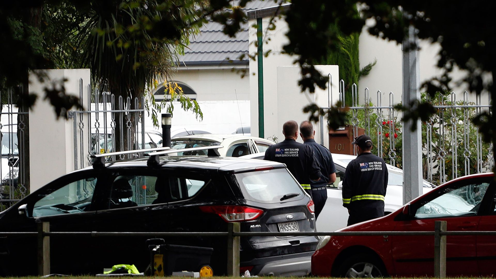 New Zealand police stand outside one of the mosques that was targeted in the shootings
