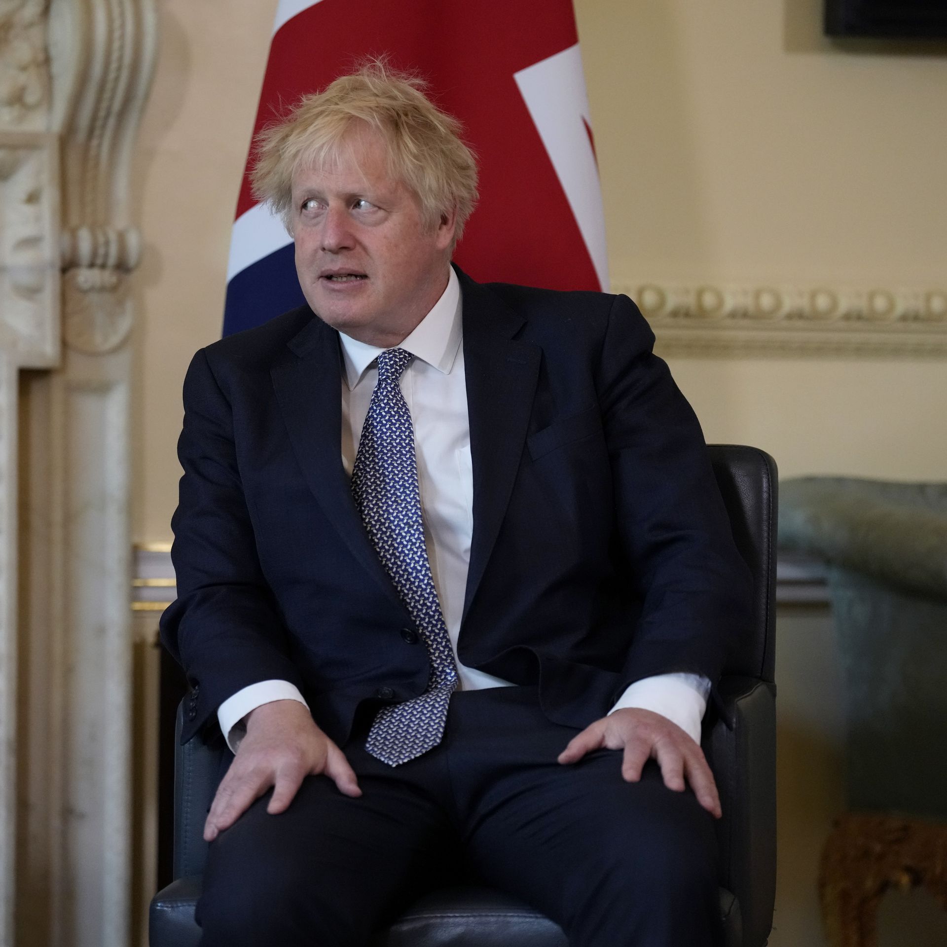  British Prime Minister Boris Johnson listens during the meeting with the Emir of Qatar Sheikh Tamim bin Hamad Al Thani inside 10 Downing Street on May 24, 2022 in London, England