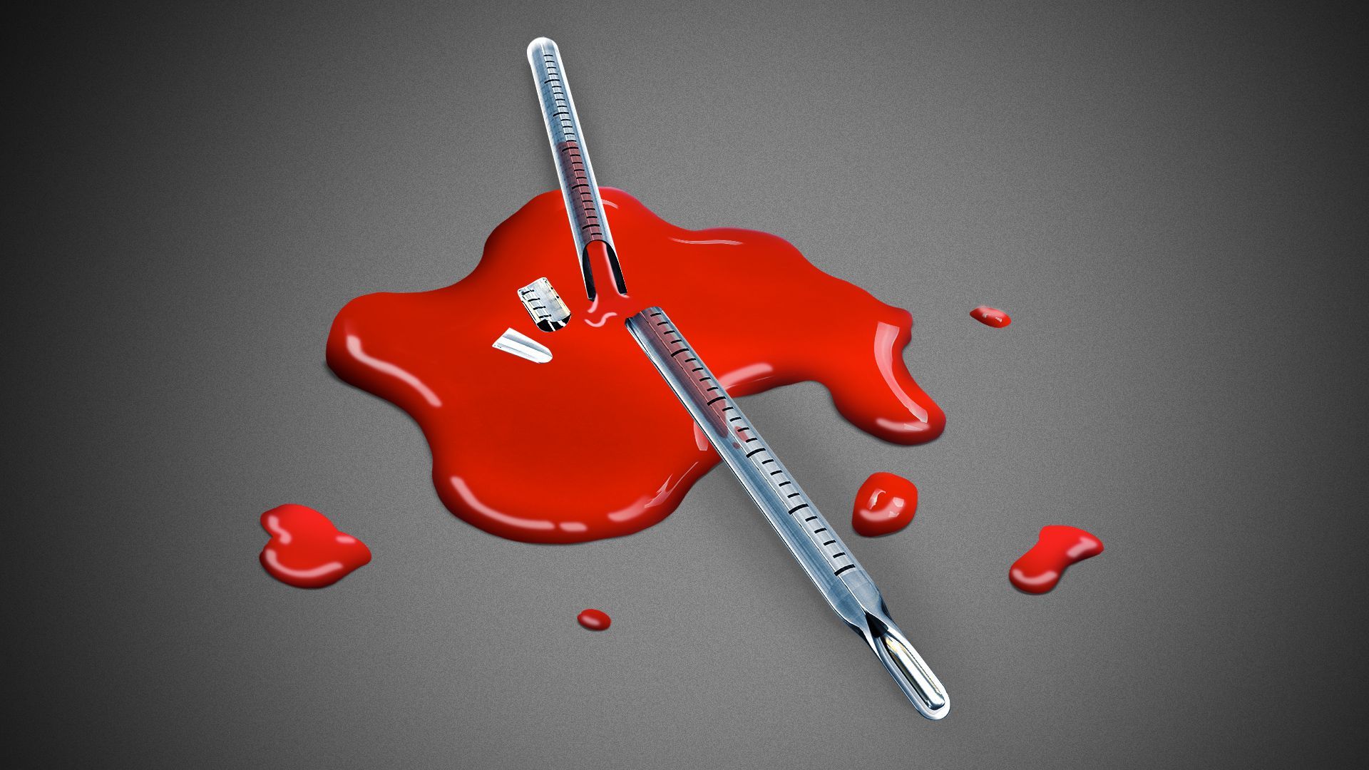 Illustration of a broken thermometer with red mercury liquid in a puddle.
