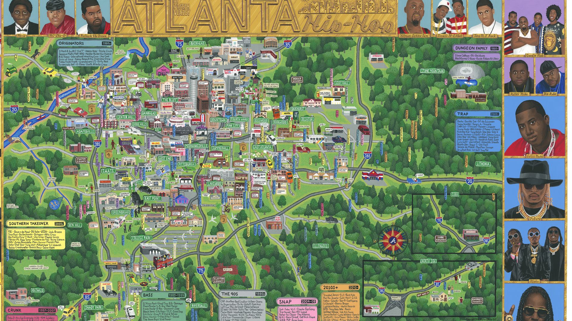 Color illustration of an Atlanta map with call-outs to places made famous in Atlanta hip-hop