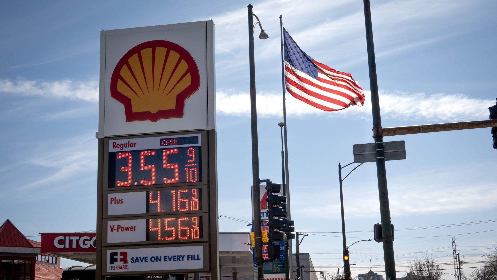 A sign displays prices for gasoline at a station on March 02, 2026 in Chicago, Illinois.