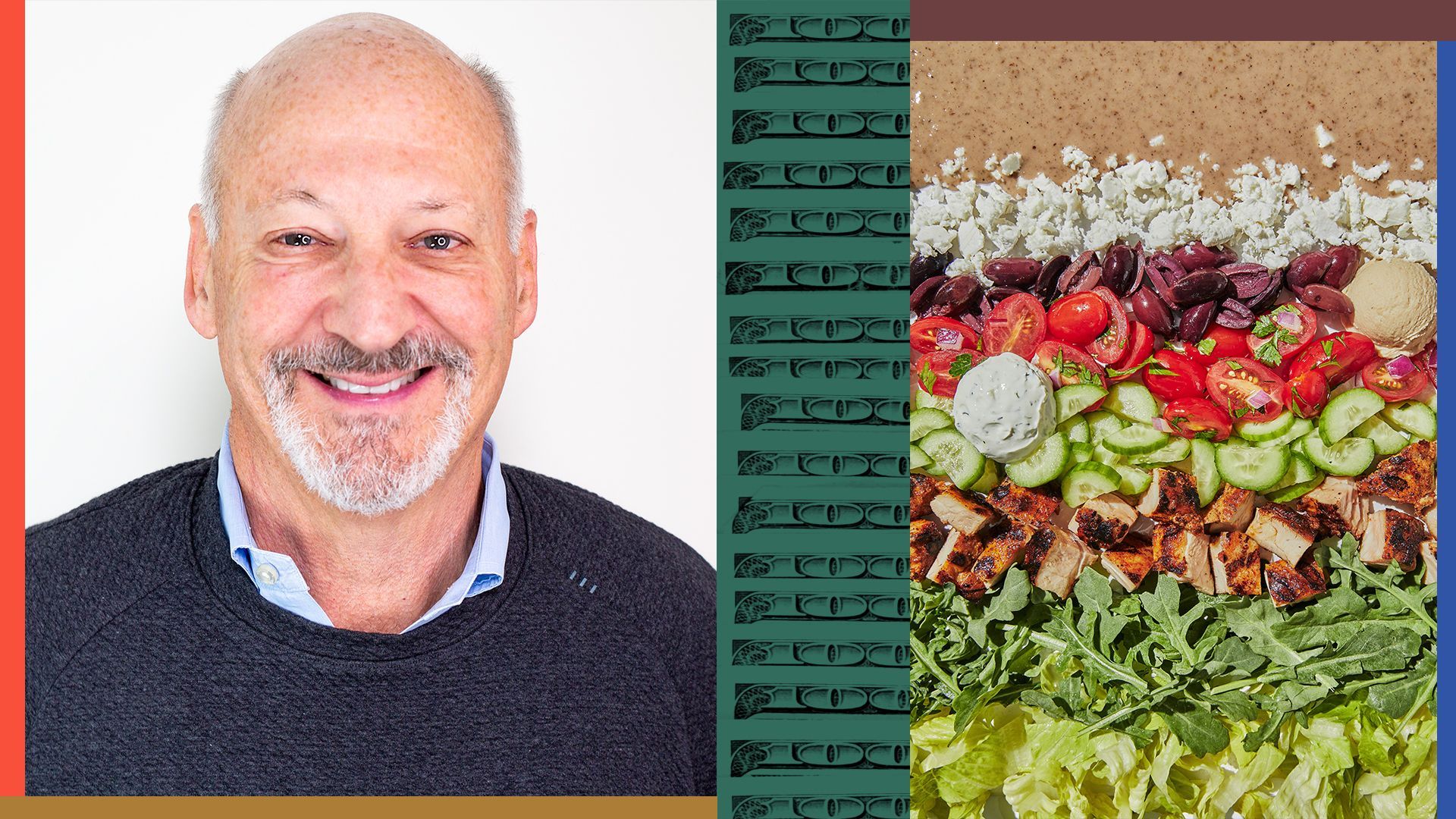 Photo illustration of Ron Schaich with money elements, abstract shapes and CAVA salad ingredients.