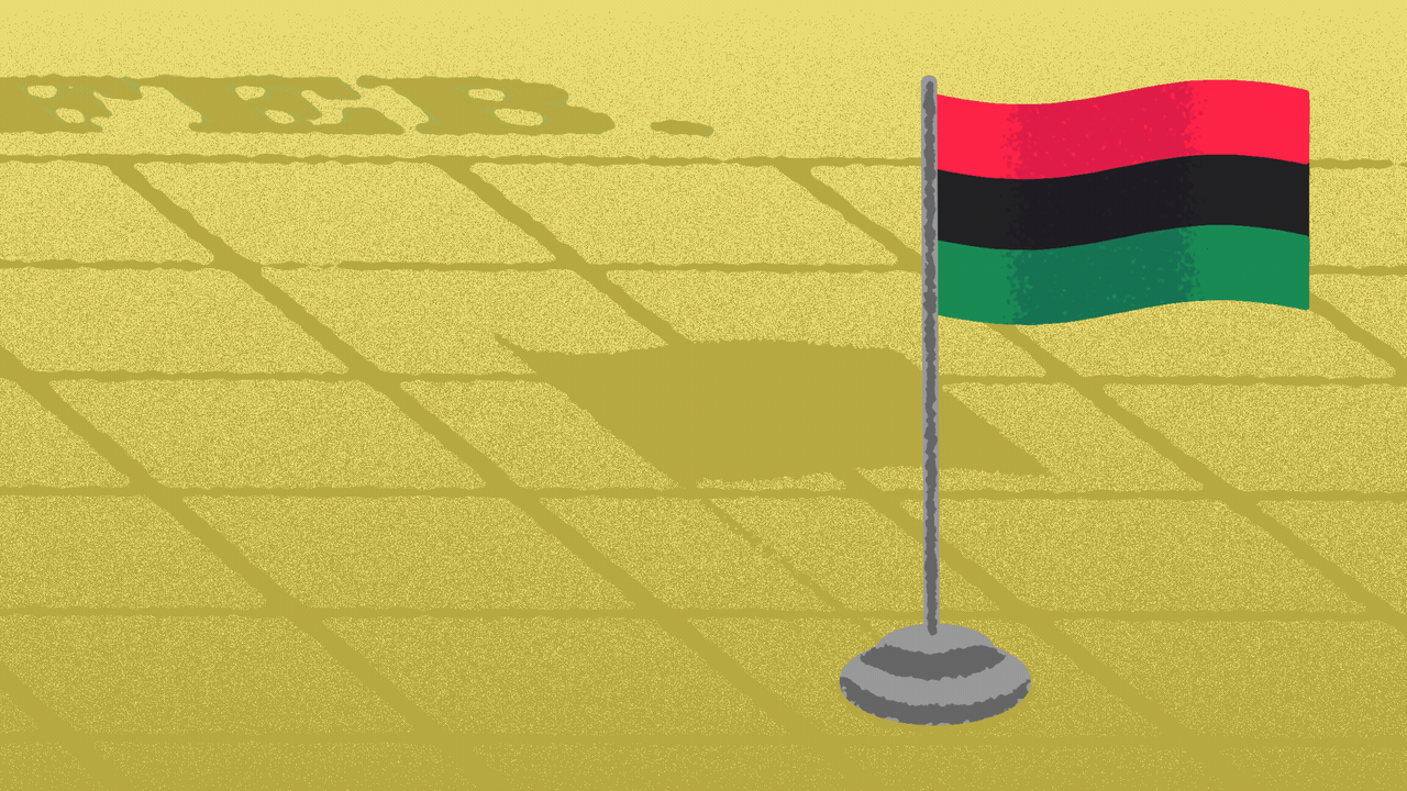 Animated illustration of a Pan-African flag waving over a calendar showing the month of February.