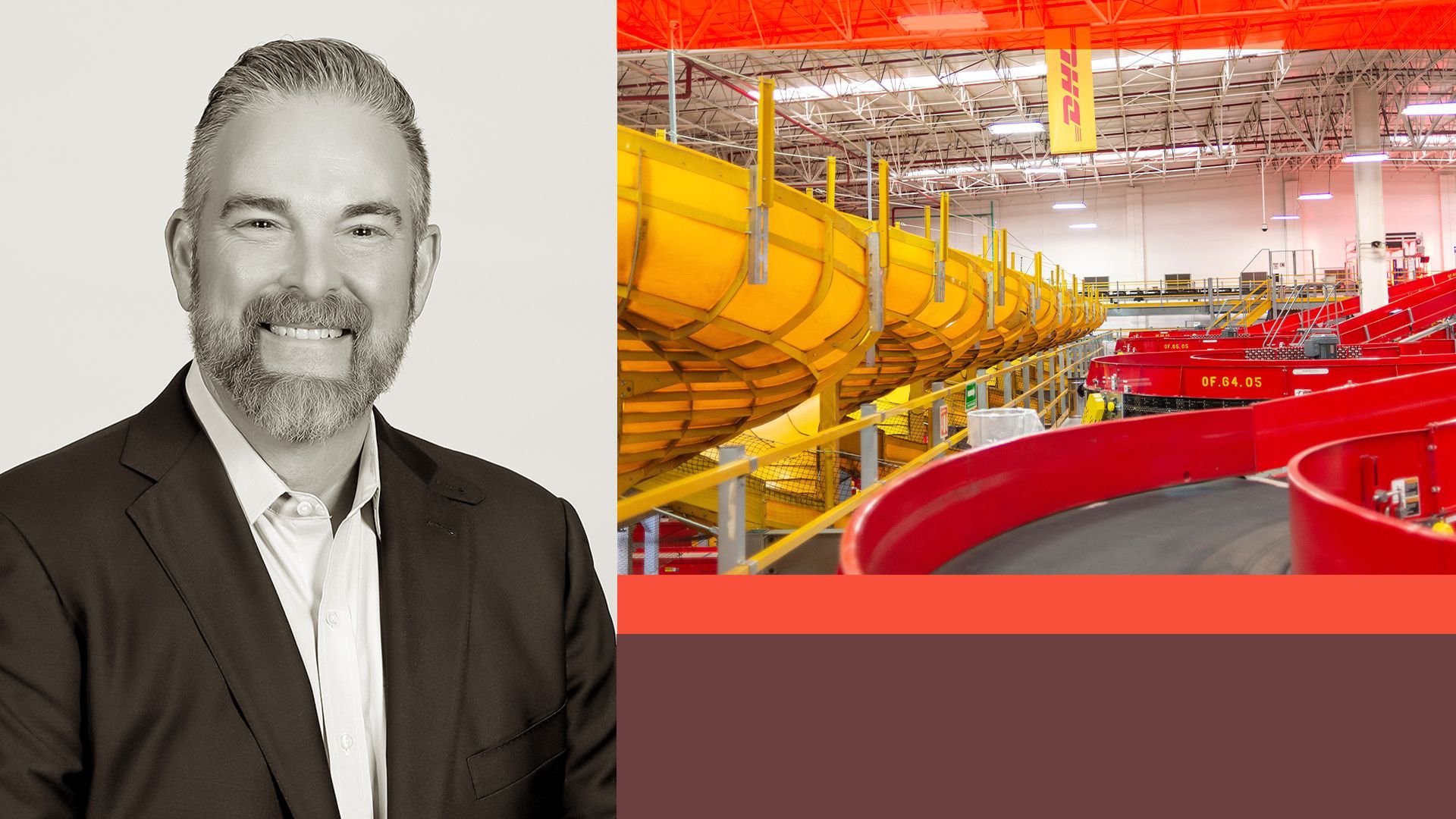 Photo illustration of Greg Hewitt with a photo of a DHL plant.
