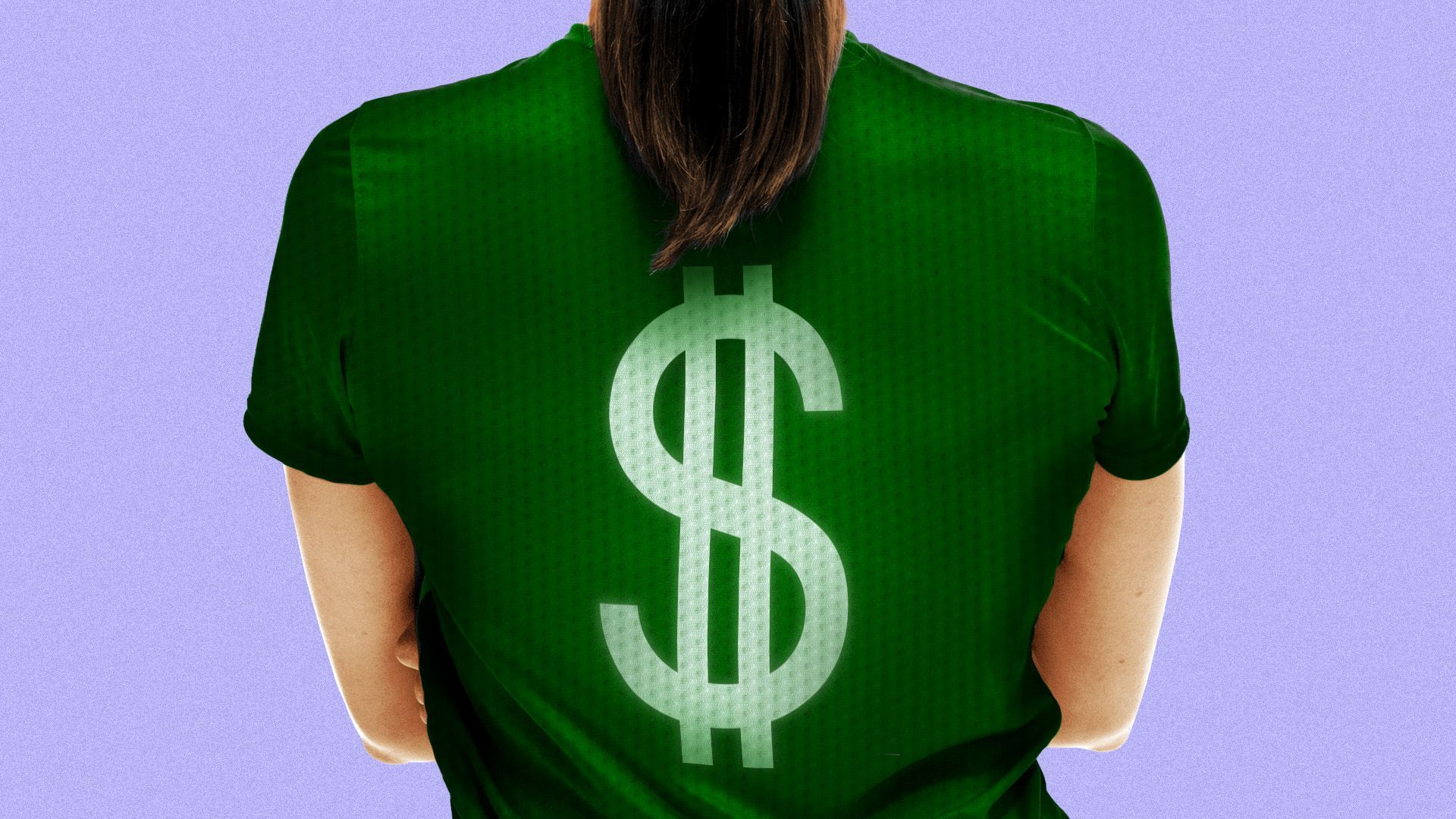 Illustration of a woman from behind with a dollar sign on the back of her sports jersey
