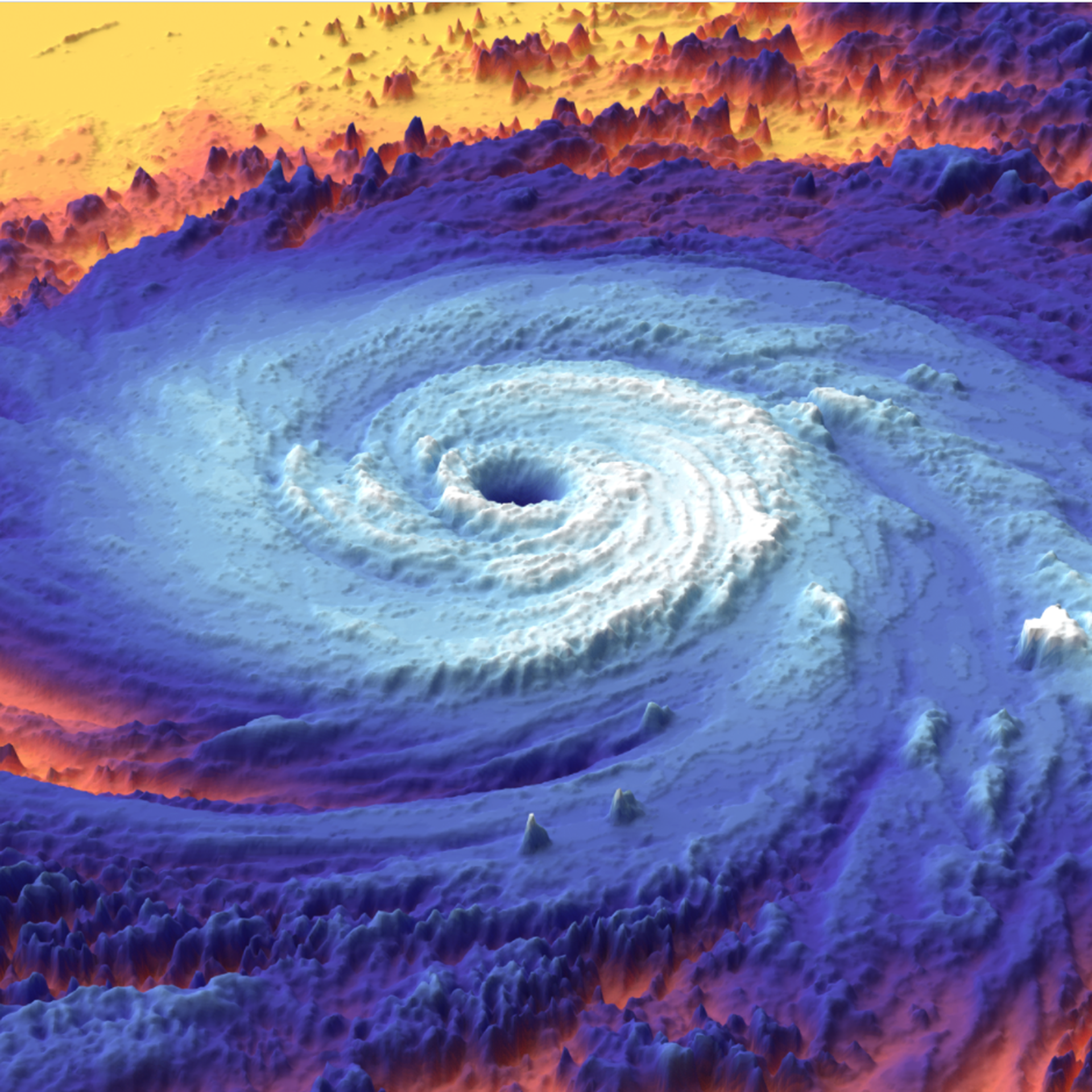 Satellite view of a powerful hurricane with the eye at its center.