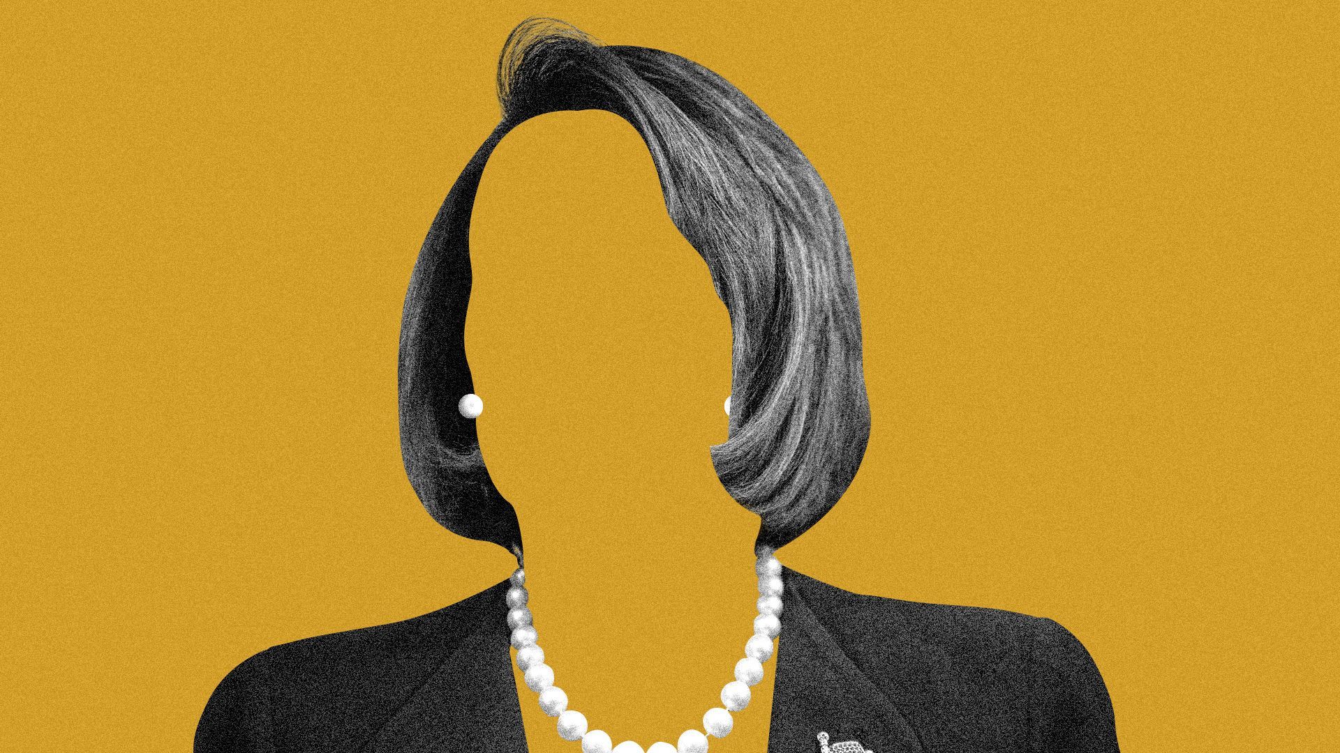 Illustration of Nancy Pelosi's hair, jewelry and suit with the rest of her missing