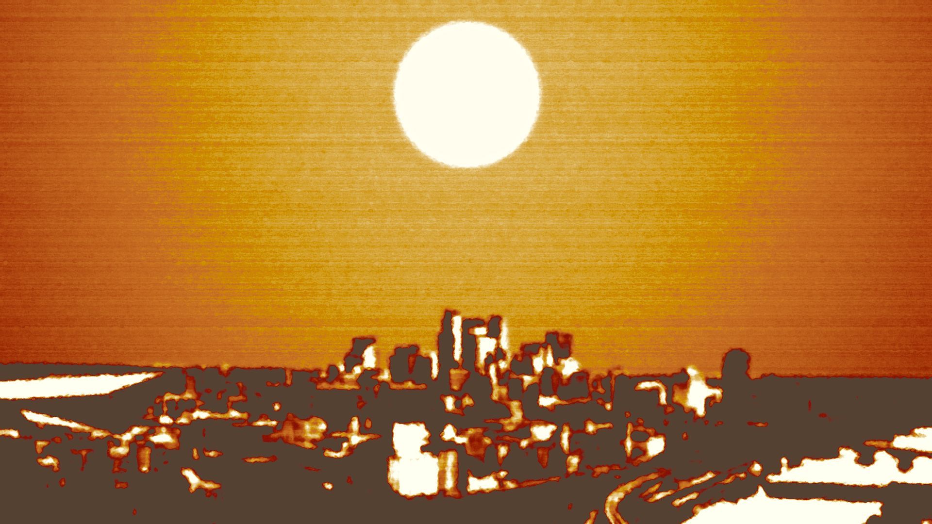 Illustration of the Minneapolis skyline under a hot sun.
