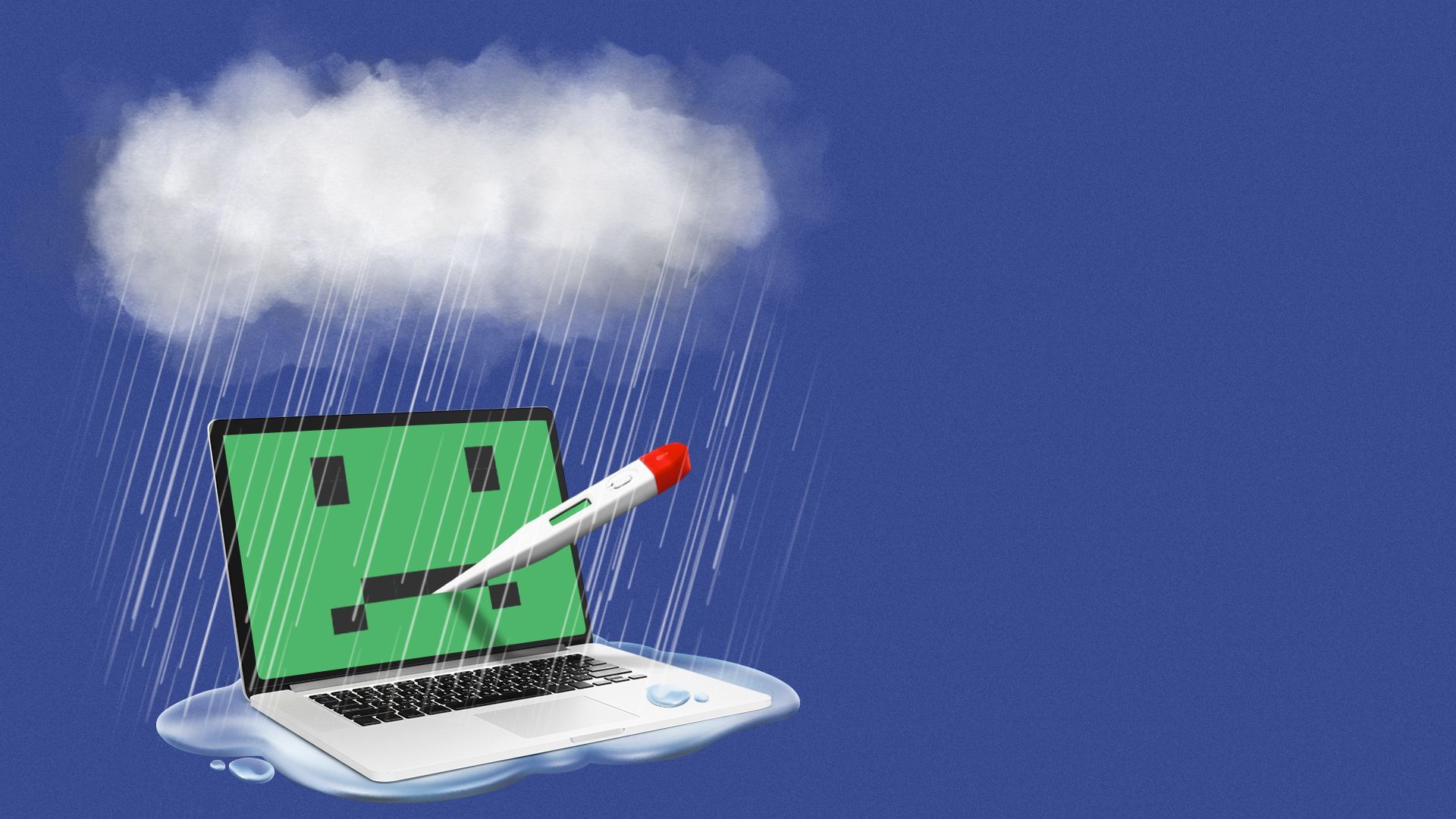 Illustration of a laptop with a sad face, and a thermometer, under a rain cloud. 