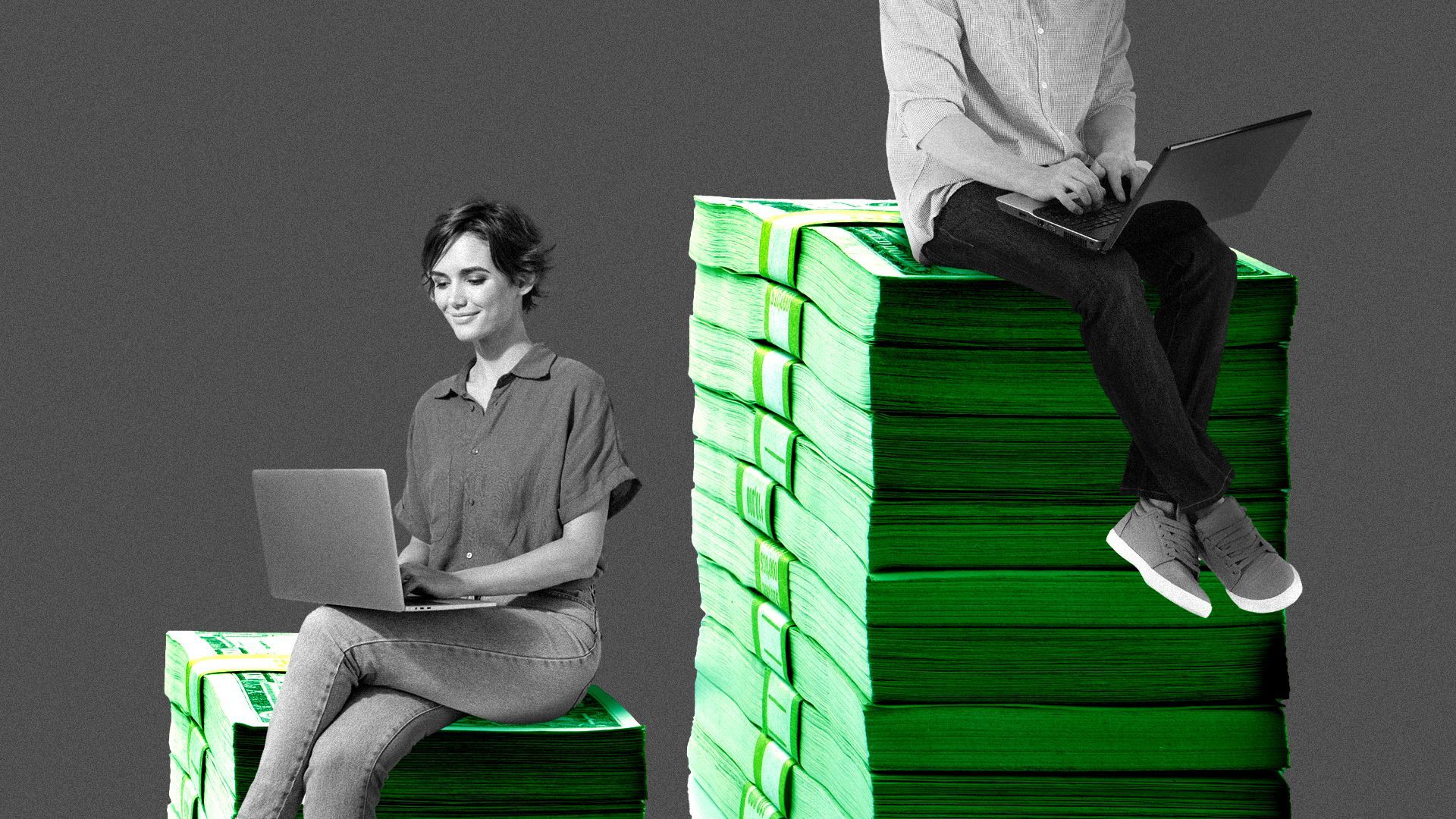 Illustration of a woman with a laptop sitting on a small stack of cash next to a man with a laptop sitting on a large stack of cash.