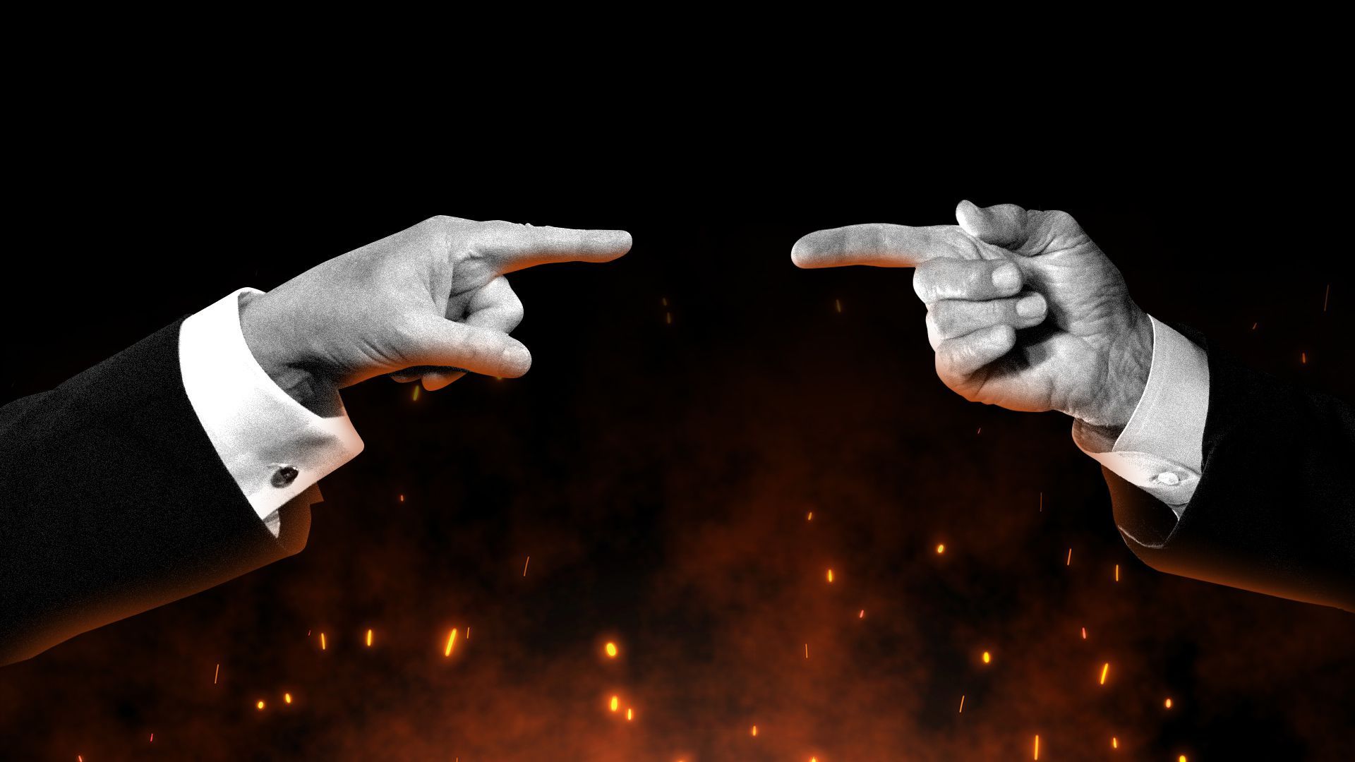 Photo illustration of President Trump's and Joe Biden's hands pointing at each other over a wildfire. 