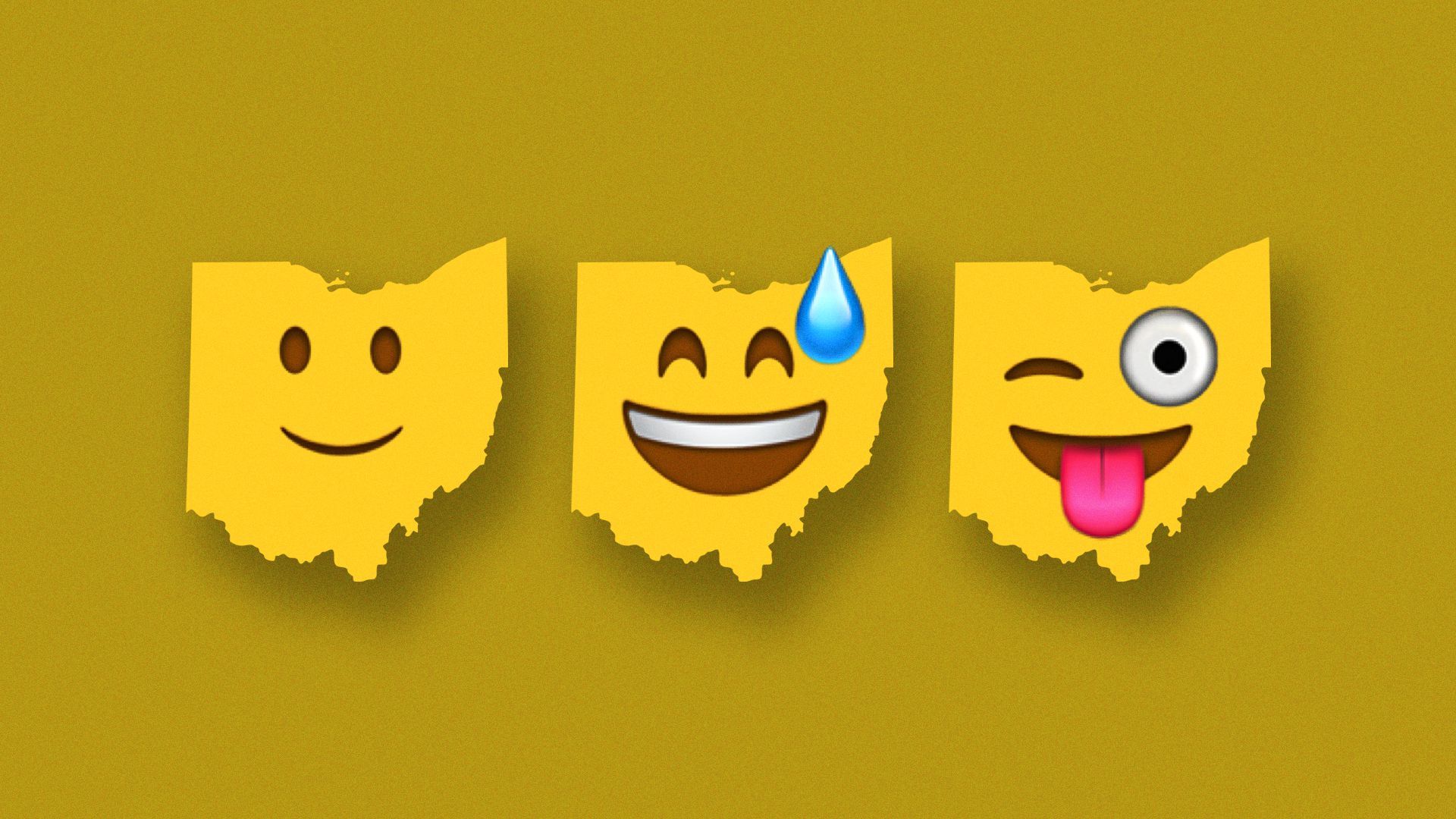 Illustration of three smiling emojis, each on an outline of Ohio.
