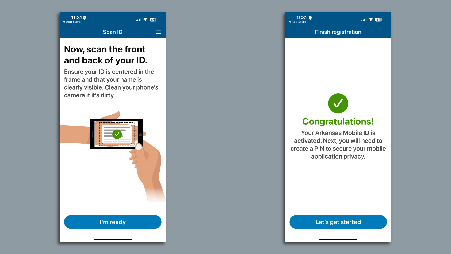 A composite of two phone screenshots of the Arkansas Mobile ID app. 