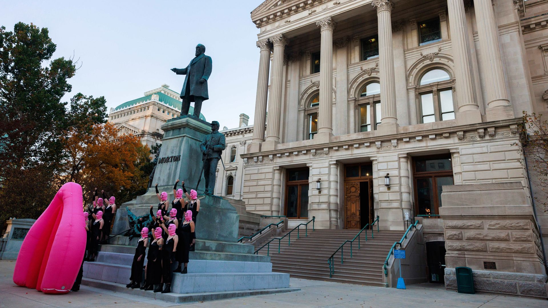 Russian activist group Pussy Riot films a music video for a song titled, "God Save Abortion," to protest Indiana's near-total abortion ban, on the steps of the Indiana Statehouse in Indianapolis.