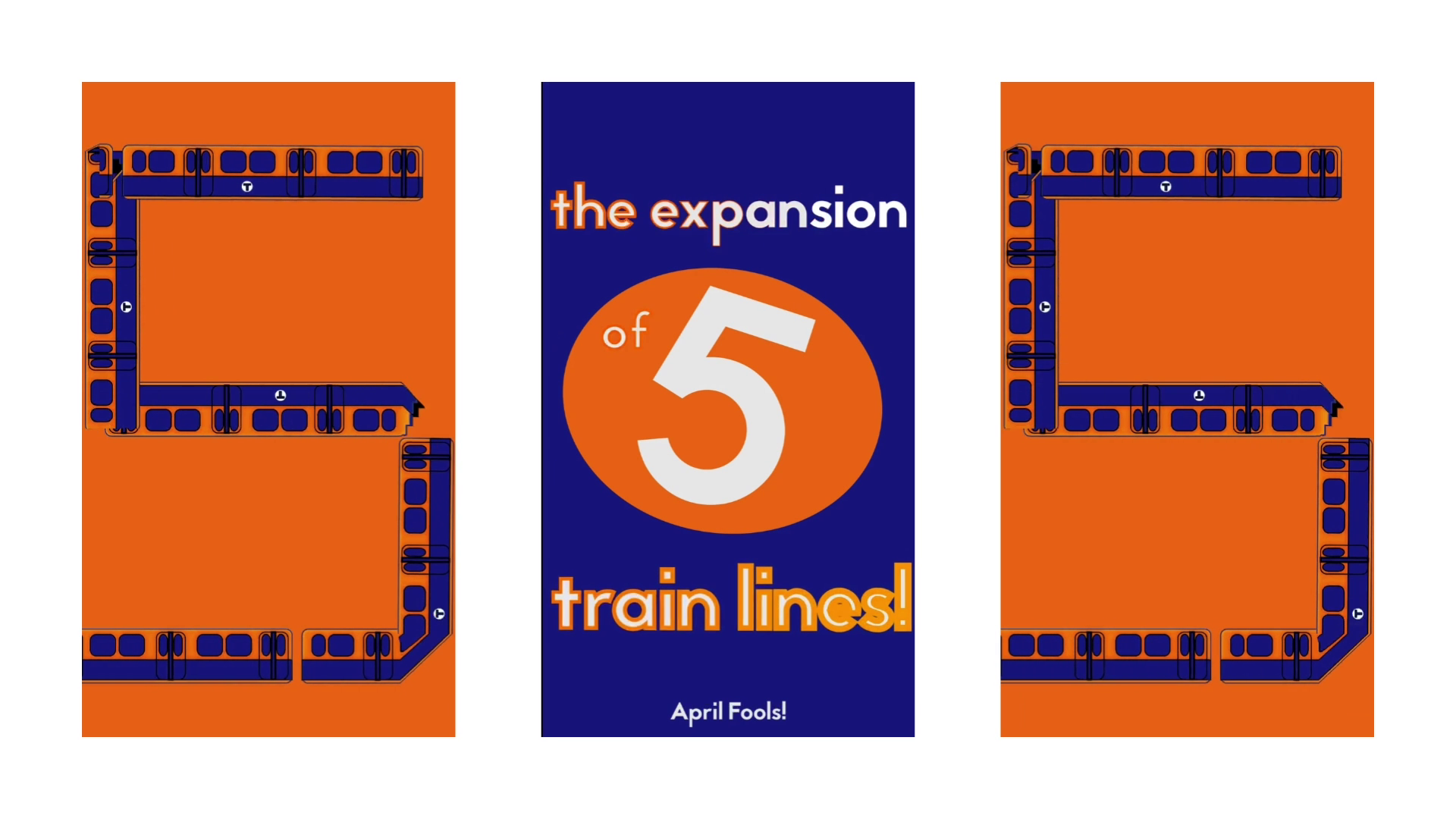 Three posters: two orange posters with blue train-track borders; center on navy shows an orange circle with a white 5 and the text the expansion of 5 train lines! April Fools!