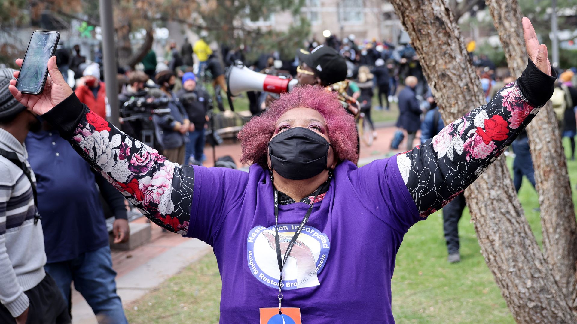 People react after the verdict in the Derek Chauvin trial in Minneapolis, Minnesota. Photo: Scott Olson/Getty Images