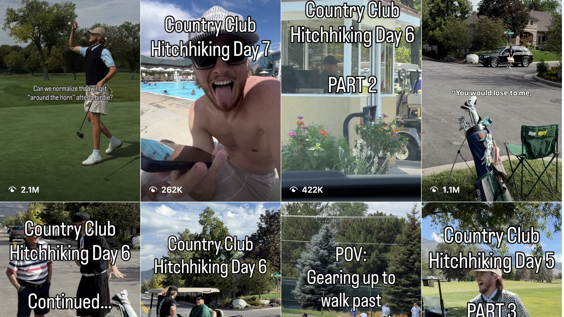 Four-panel collage of Country Club Hitchhiking. Panel 1: golfer on green. Panel 2: shirtless man at pool making a goofy face. Panel 3: cafe window with flowers. Panel 4: driveway with car and golf bags.