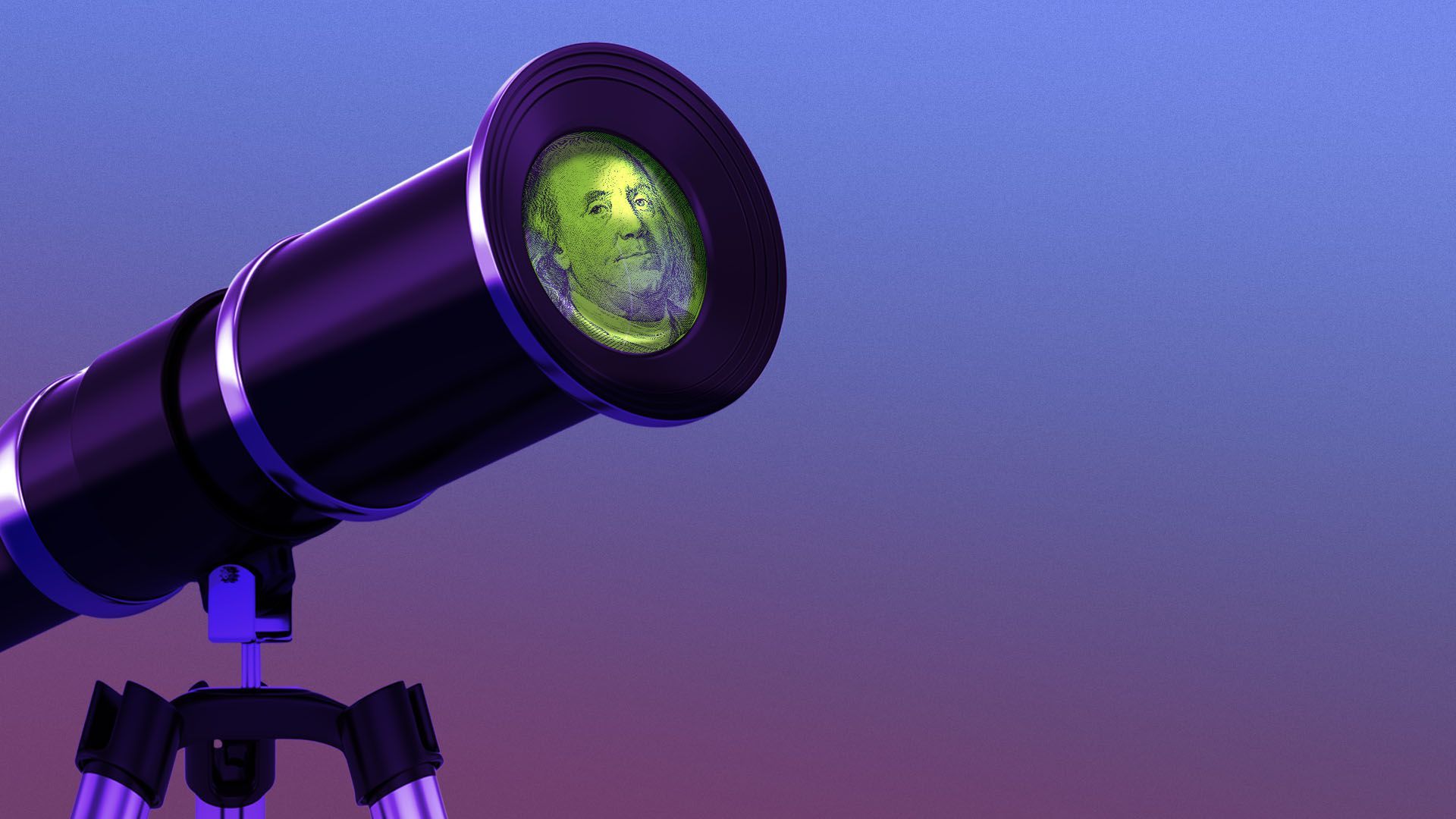 Illustration of a telescope focused on an image of Benjamin Franklin from a hundred dollar bill
