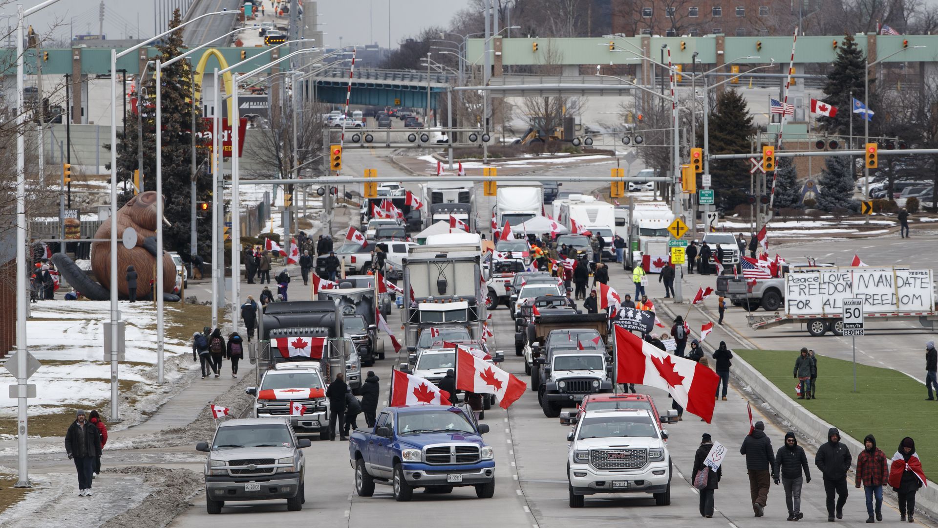 Image of vehicles blocking the Ambassador Bridge between the U.S. and Canada to protest pandemic restrictions. 