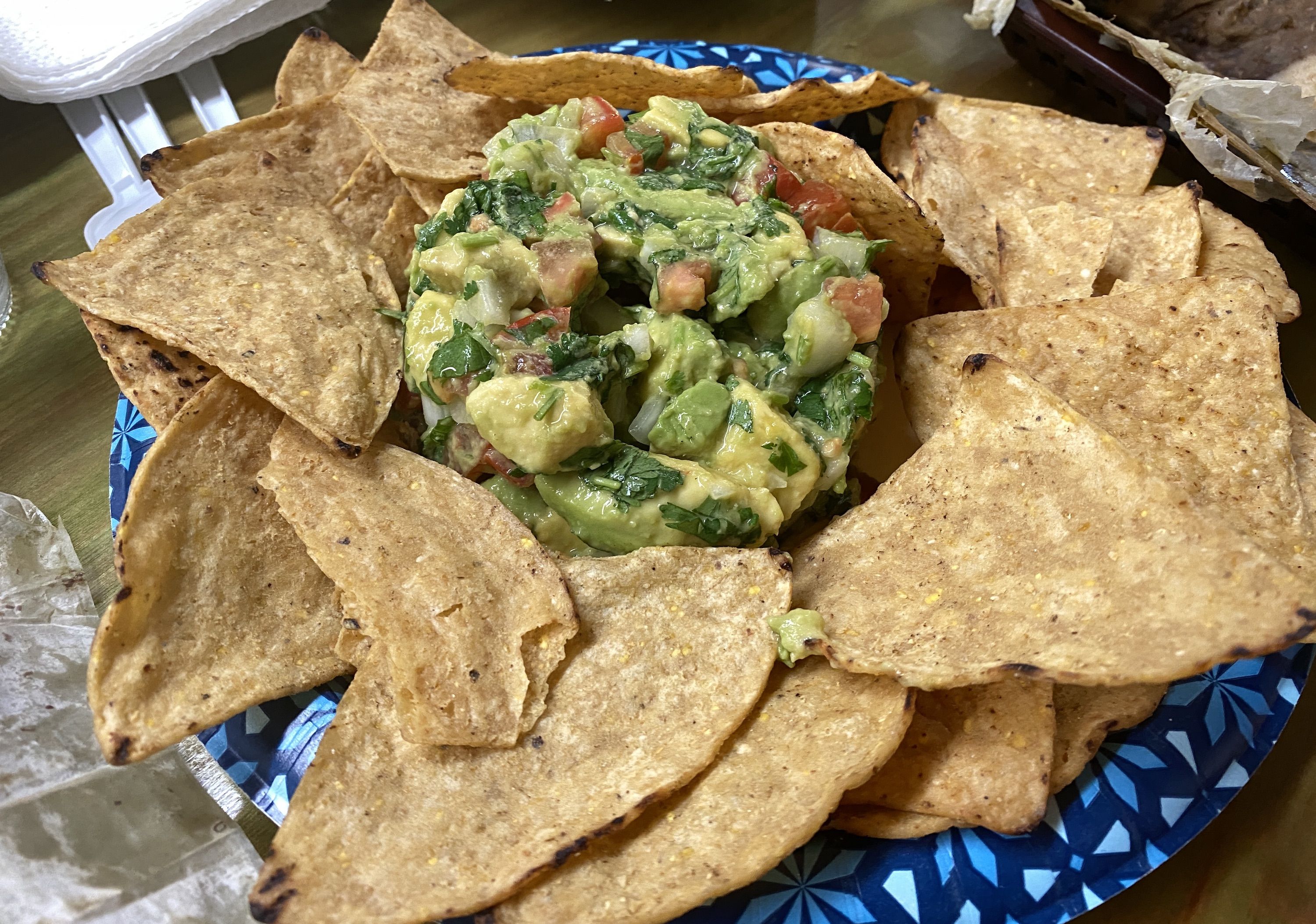 Guacamole in center with tortilla chips around it. 