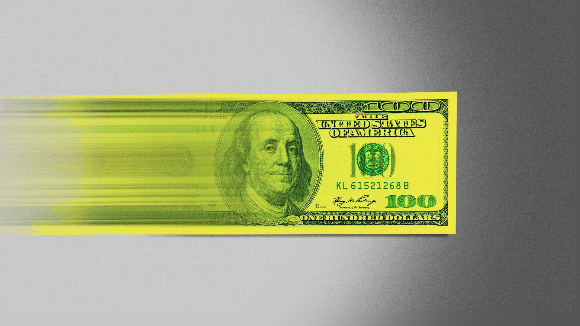 a $100 bill zooms forward.