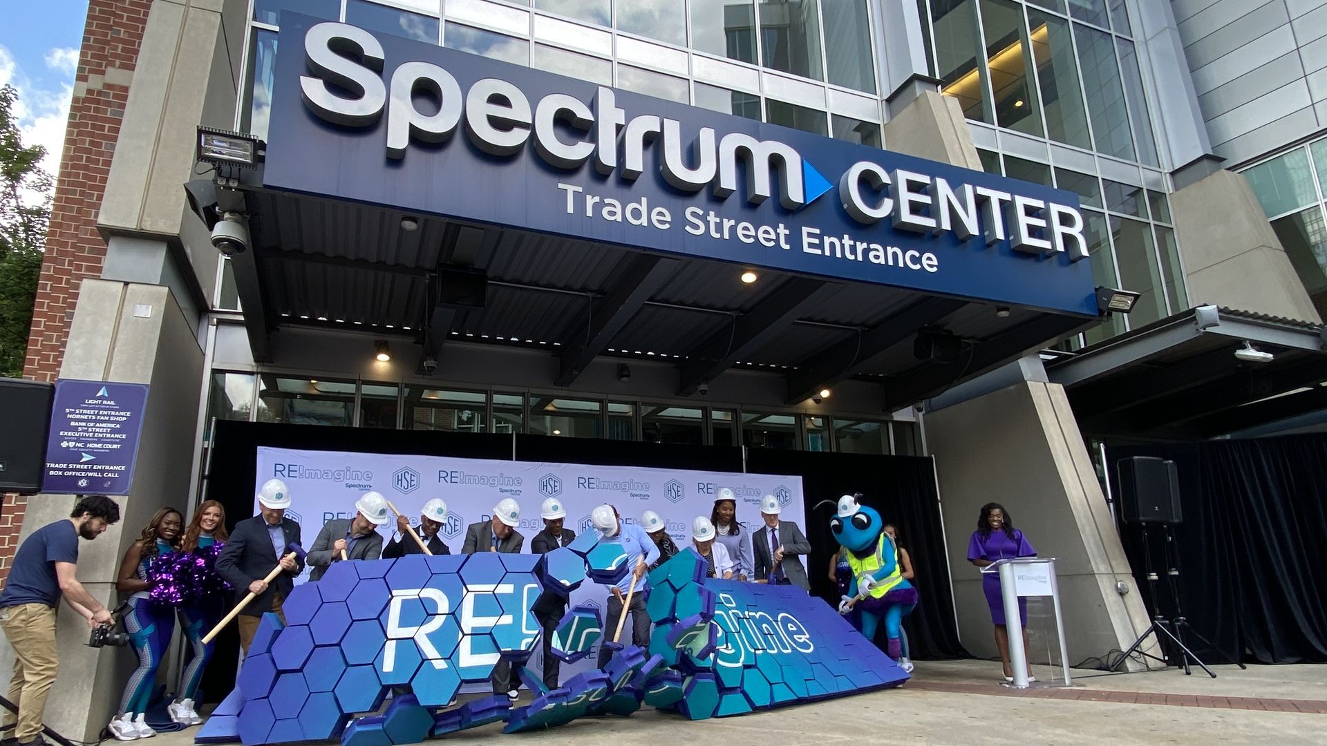Spectrum Center renovations begin at a ceremony outside the arena. 