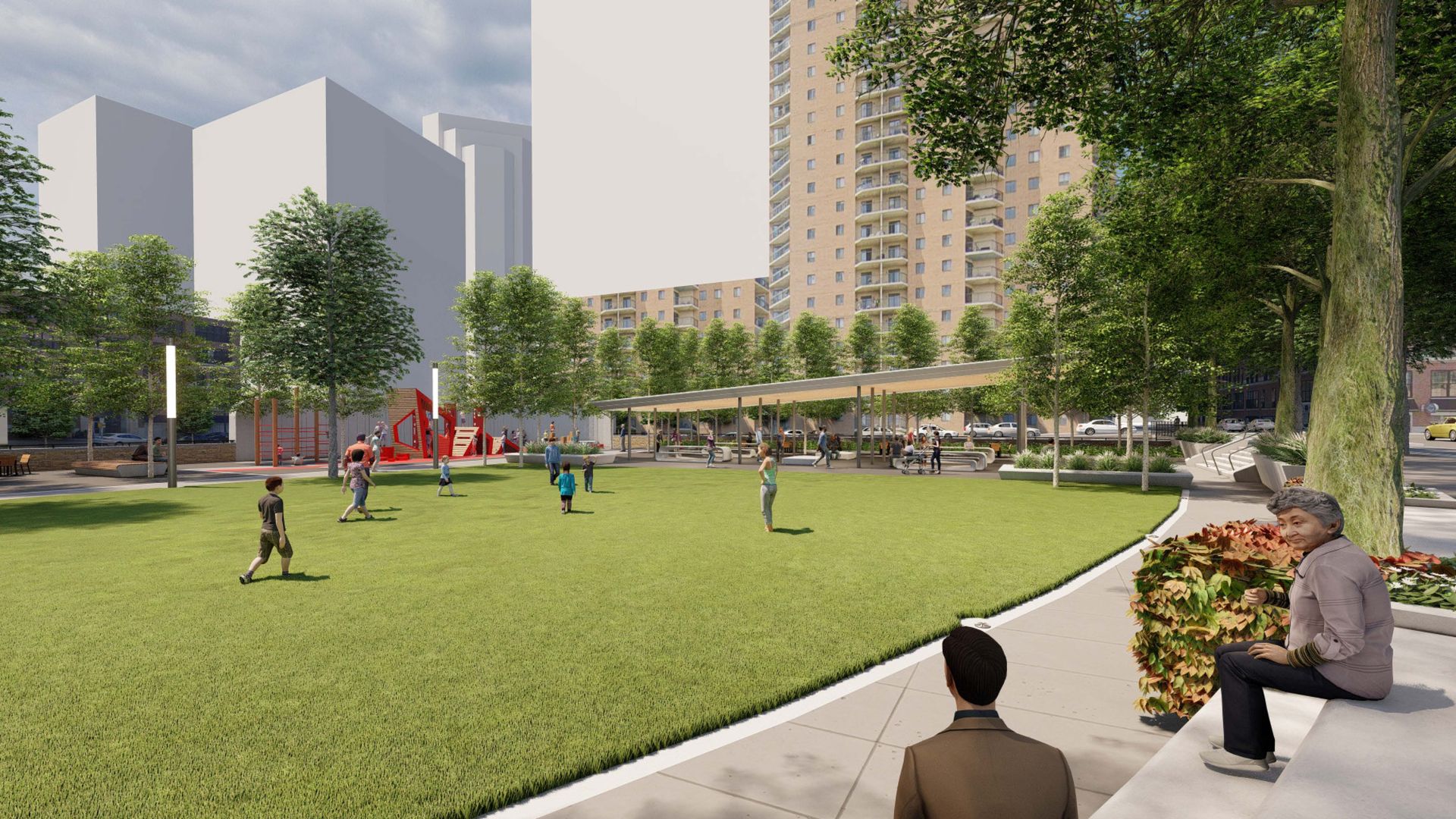 Rendering of Pedro Park redesign with green lawn, people sitting and walking, a playground and covered seating in distance