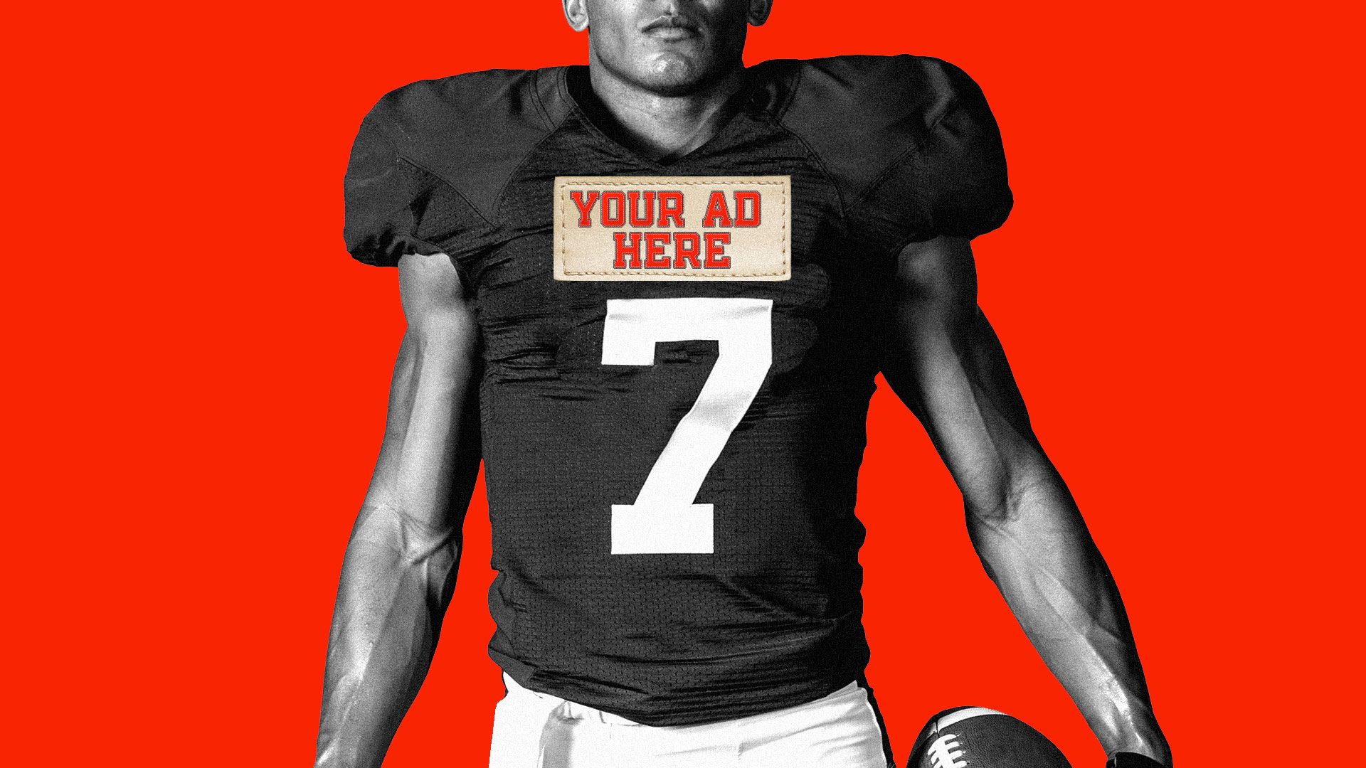 Illustration of a football player with an embroidery patch on his jersey that reads, "Your ad here."