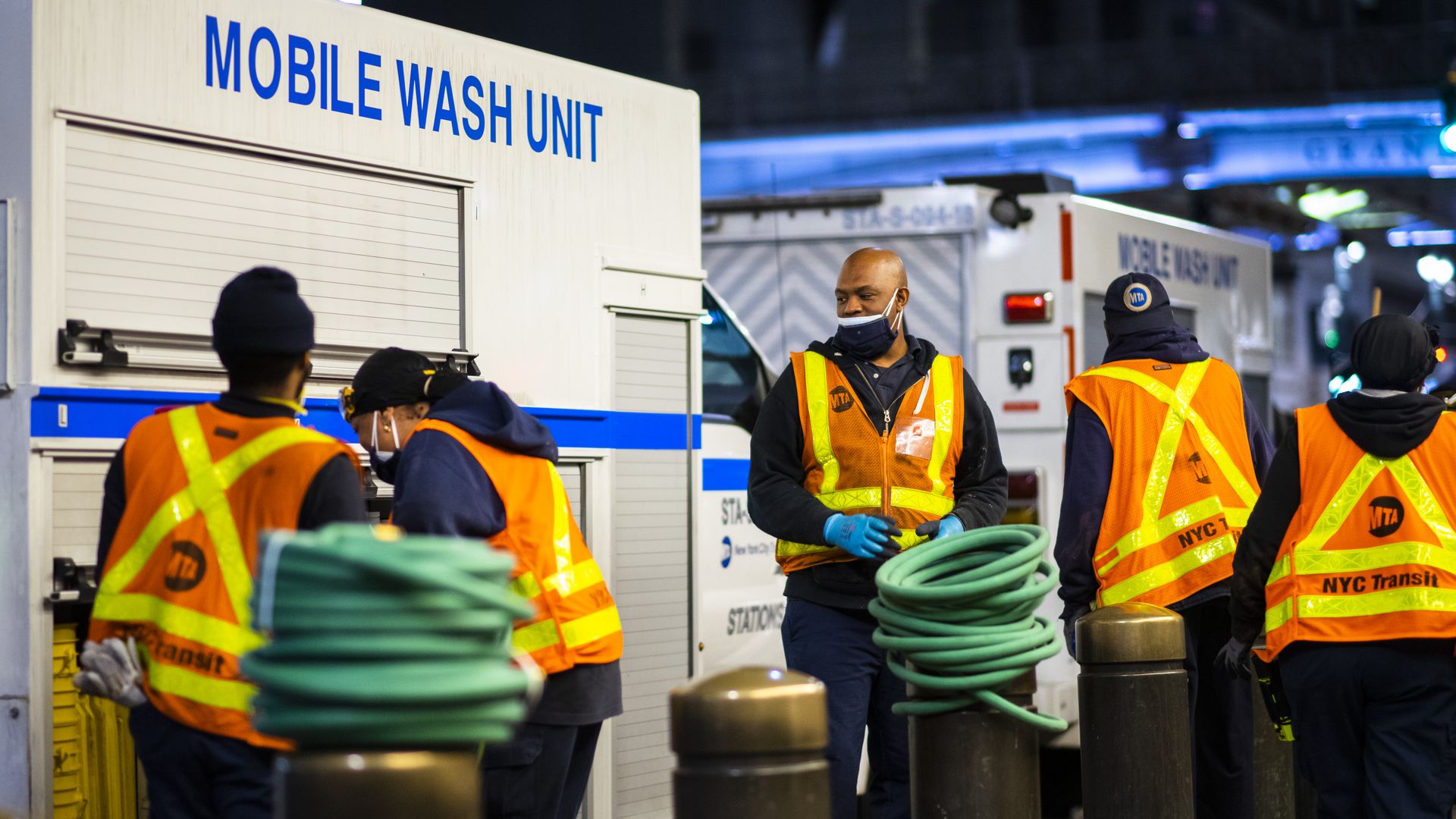 Workers ready to clean the New York subway.