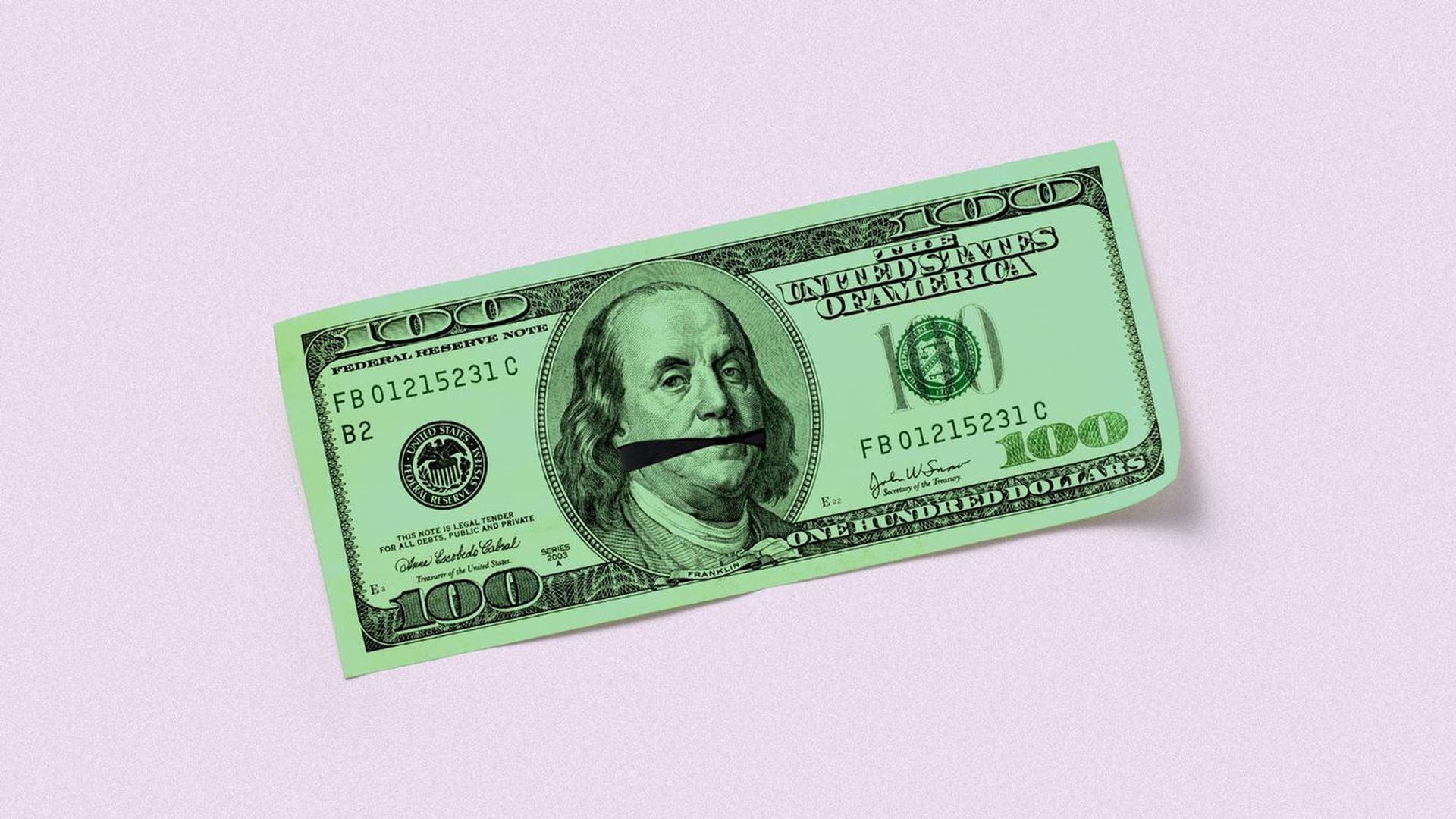 an illustration of a 100 dollar bill with benjamin franklin's mouth ripped out