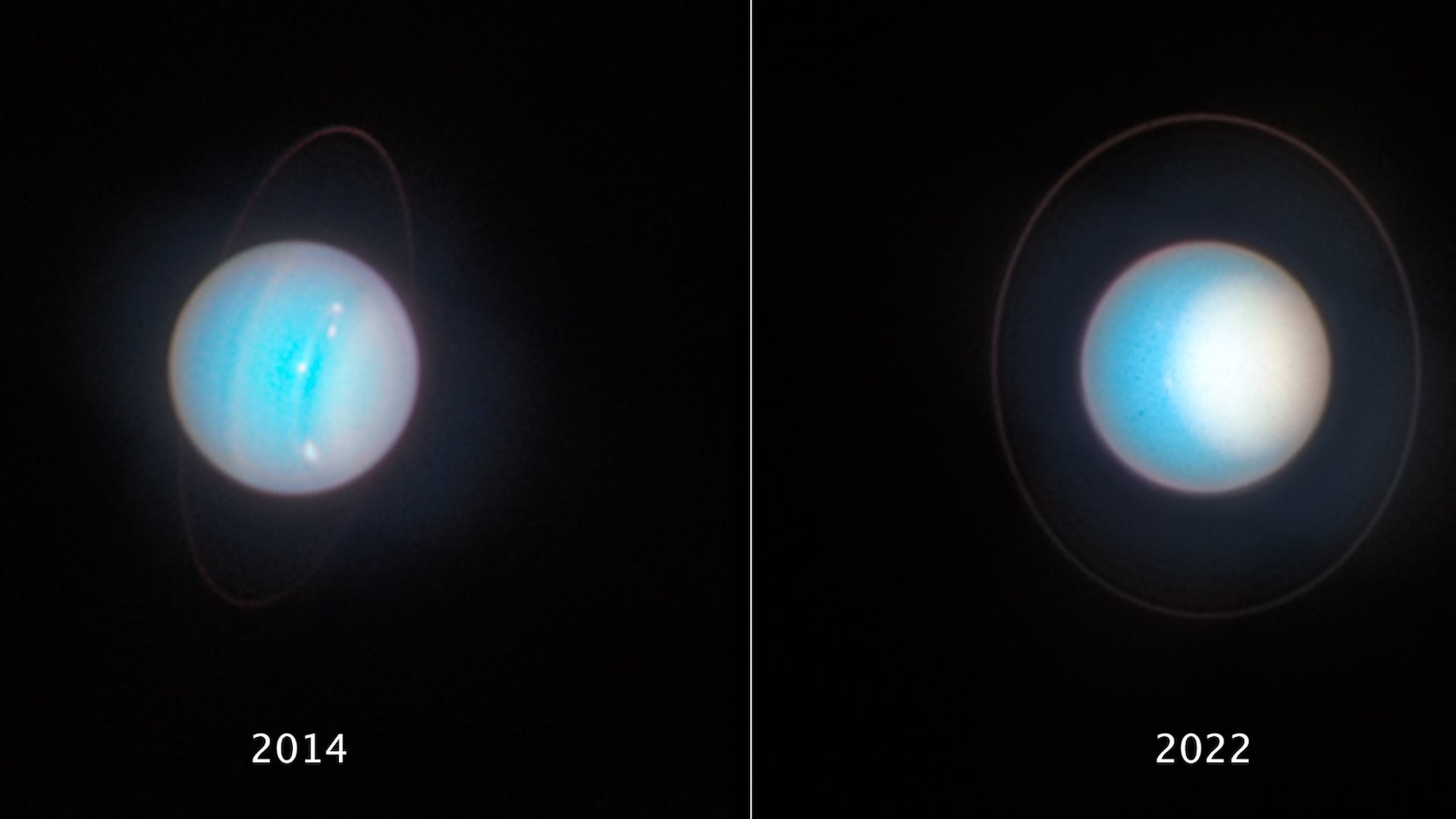 Two views of Uranus from the Hubble Space Telescope. One was taken in 2014, the other in 2022 showing that the planet's north pole has gotten brighter since 2014