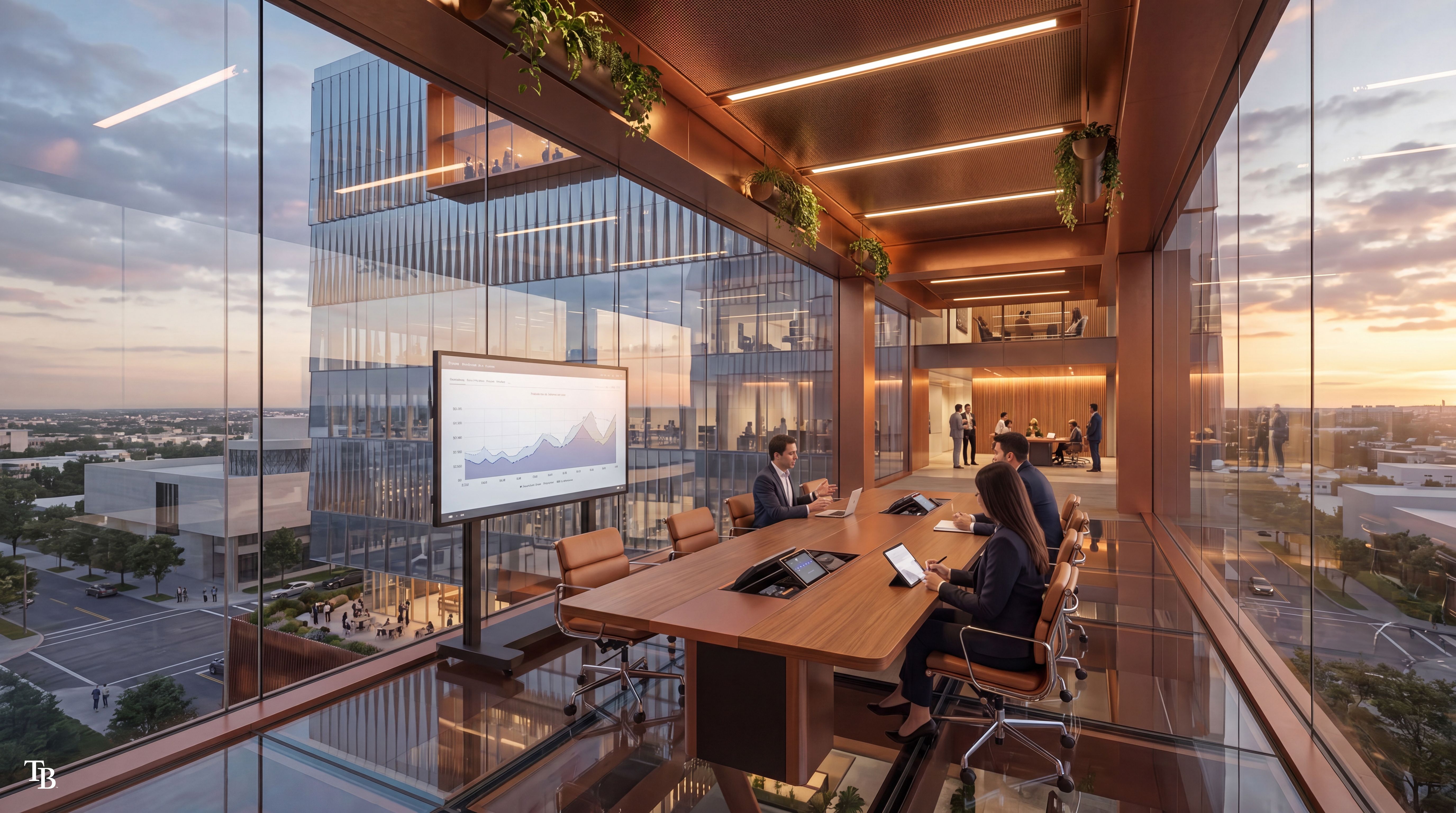 Sunset-lit glass-walled office with a long wooden conference table and laptops. Colleagues work at the table as copper beams, hanging plants, and warm lighting frame the space, with a city skyline outside.