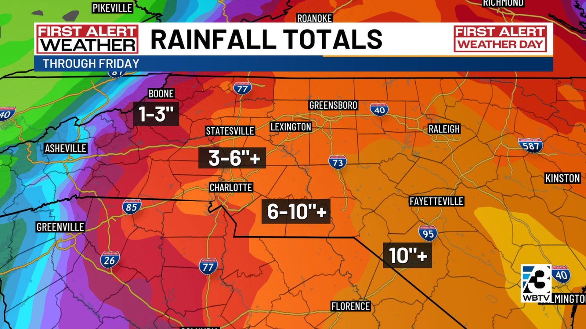 Expected rainfall totals across North Carolina. 