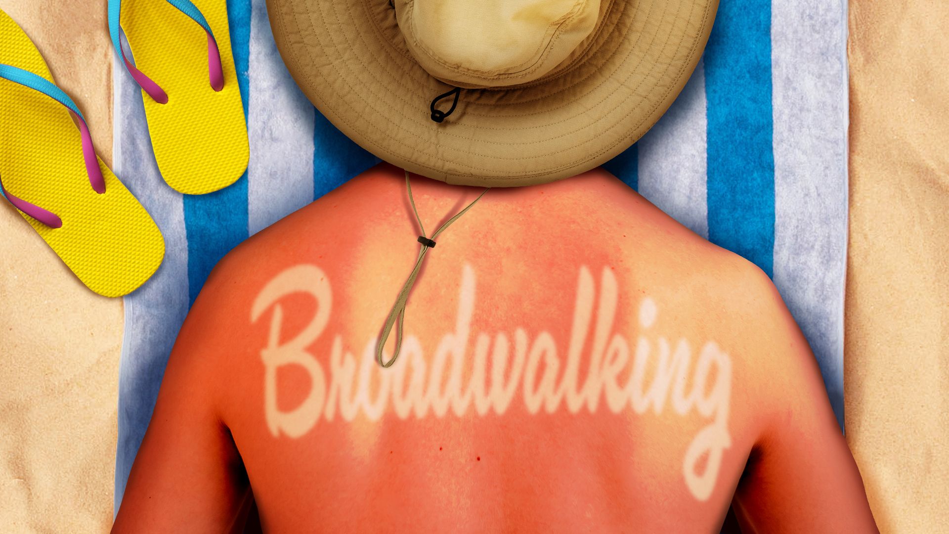 Illustration of a sunburned man lying on his back on the beach with the word "Broadwalking" in a lighter untanned color