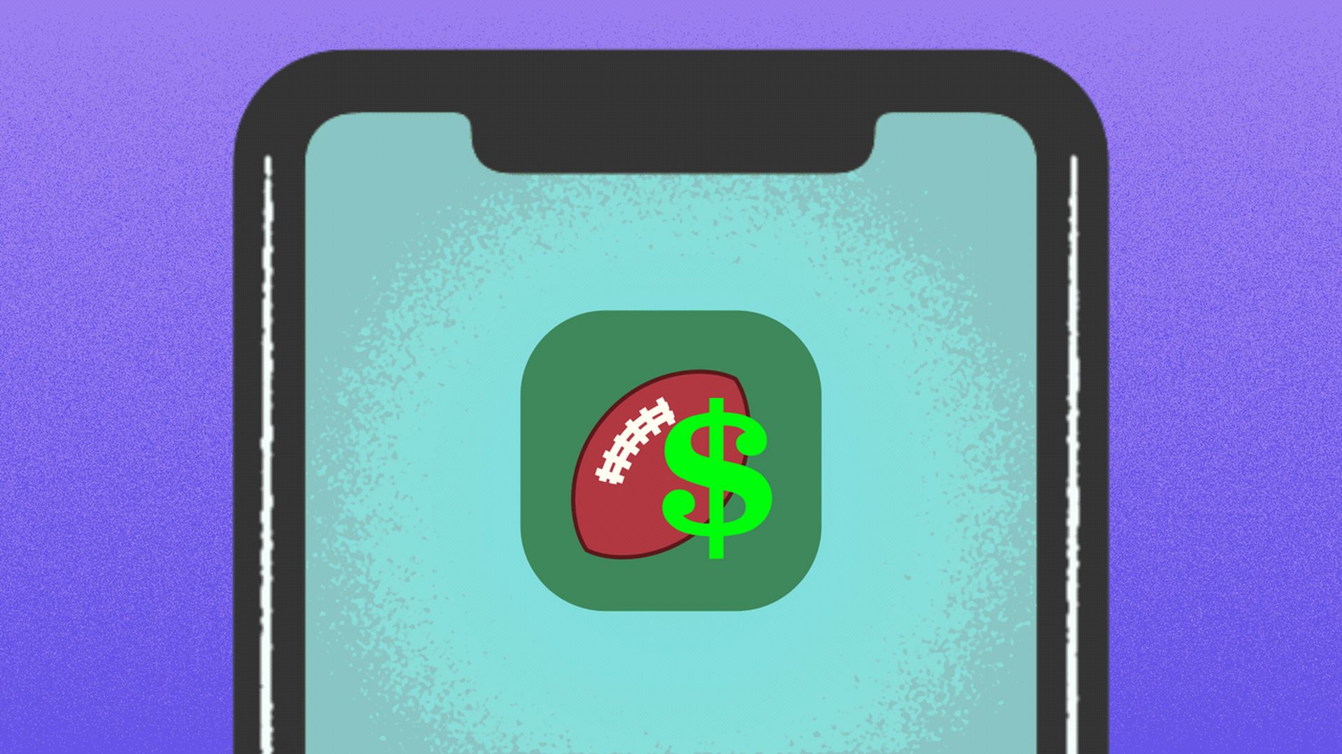 Animated illustration of a sports betting app on a phone with a football and a dollar sign.