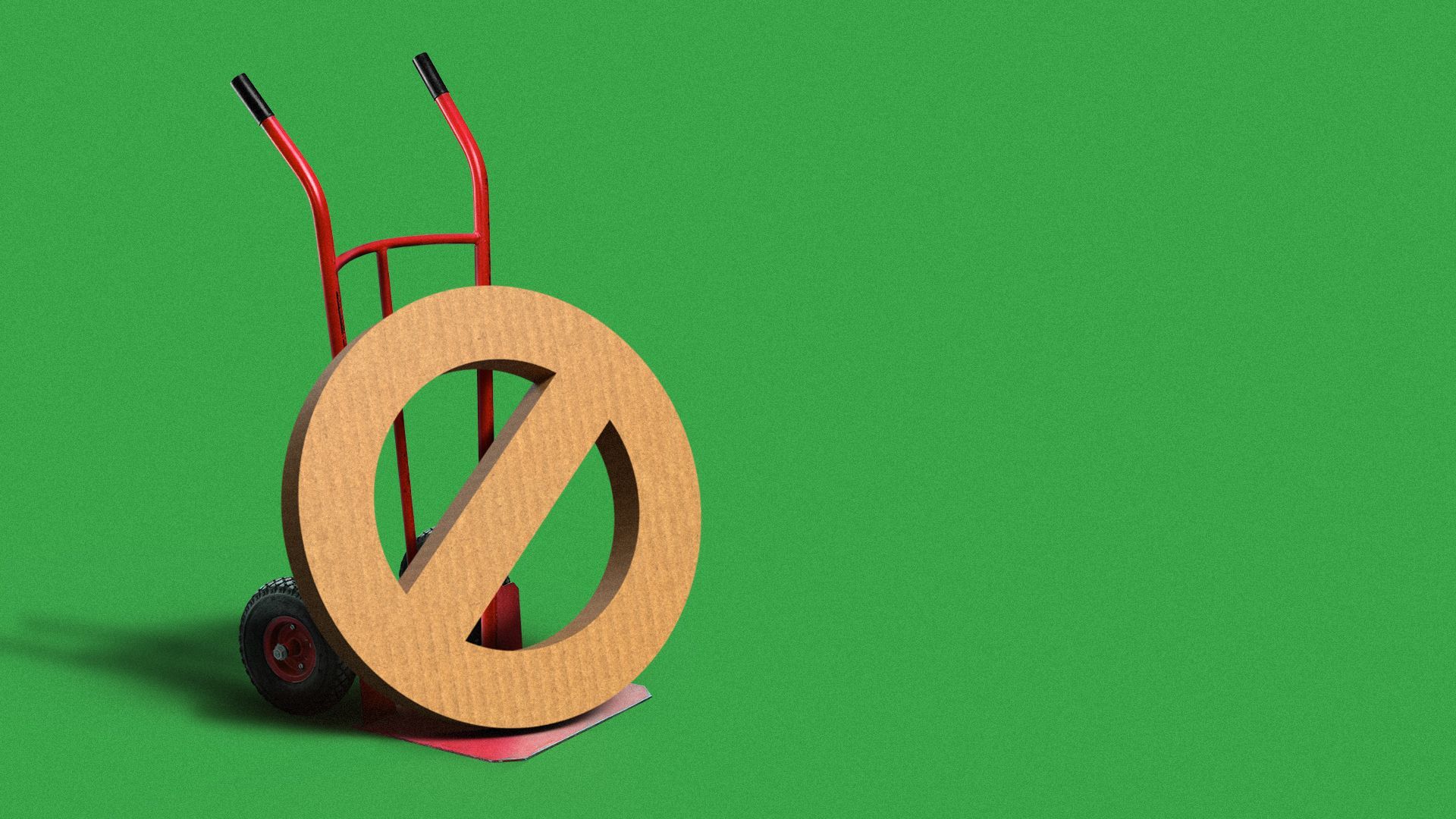 Illustration of a no symbol made of cardboard on a dolly.