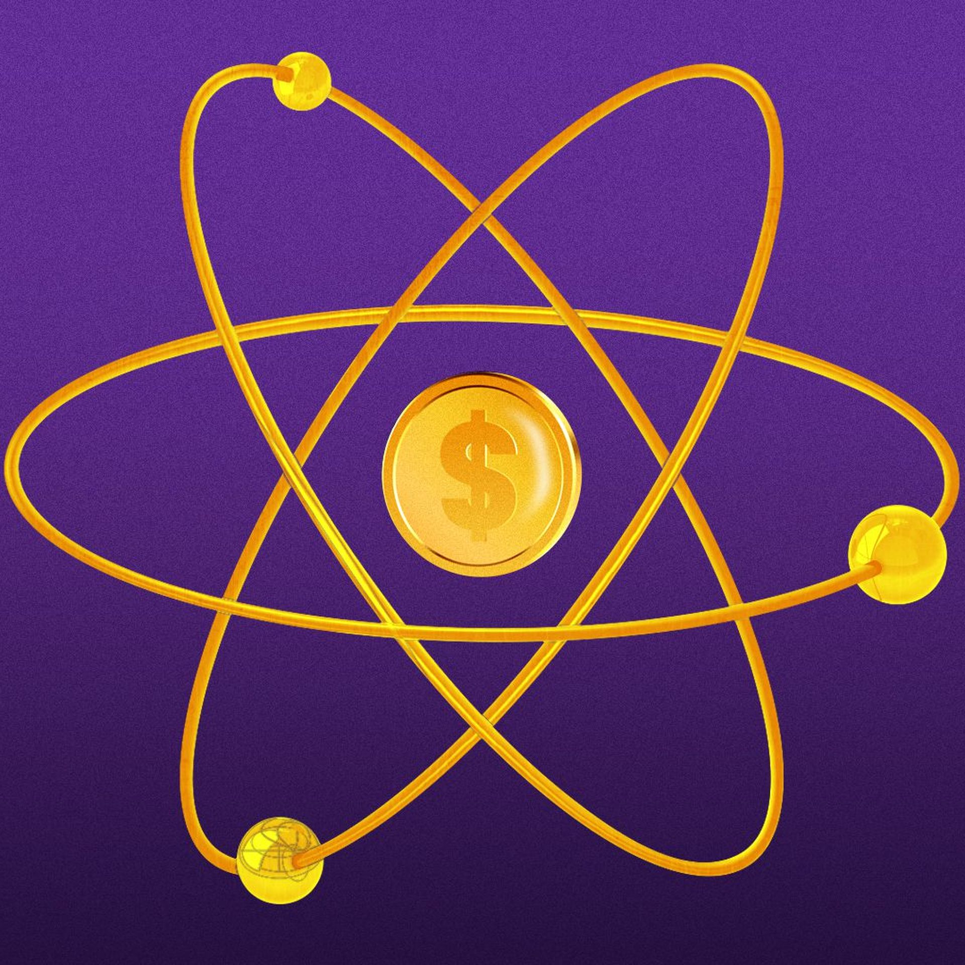 Illustration of an atom with a coin as the nucleus. 